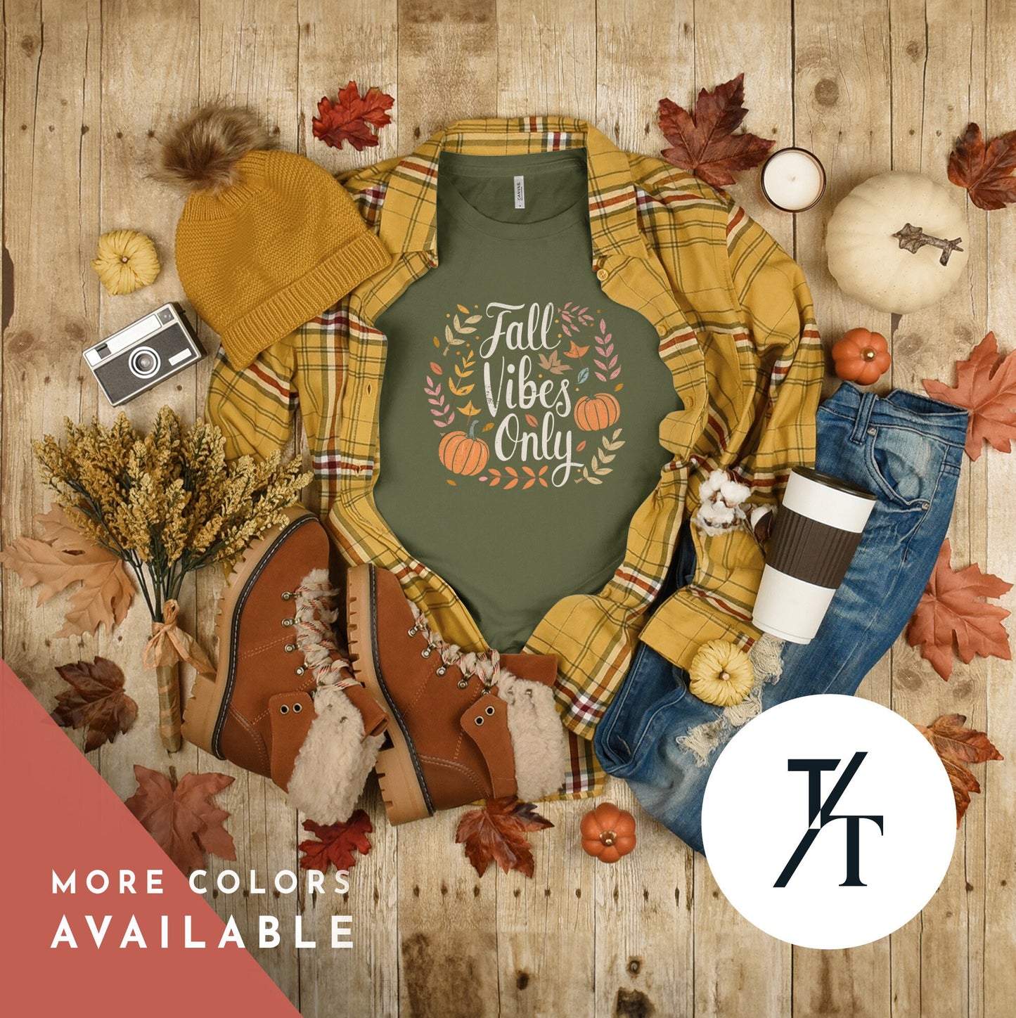 Cute Fall Graphic Tee for Women, Rustic Fall Vibes Only Design