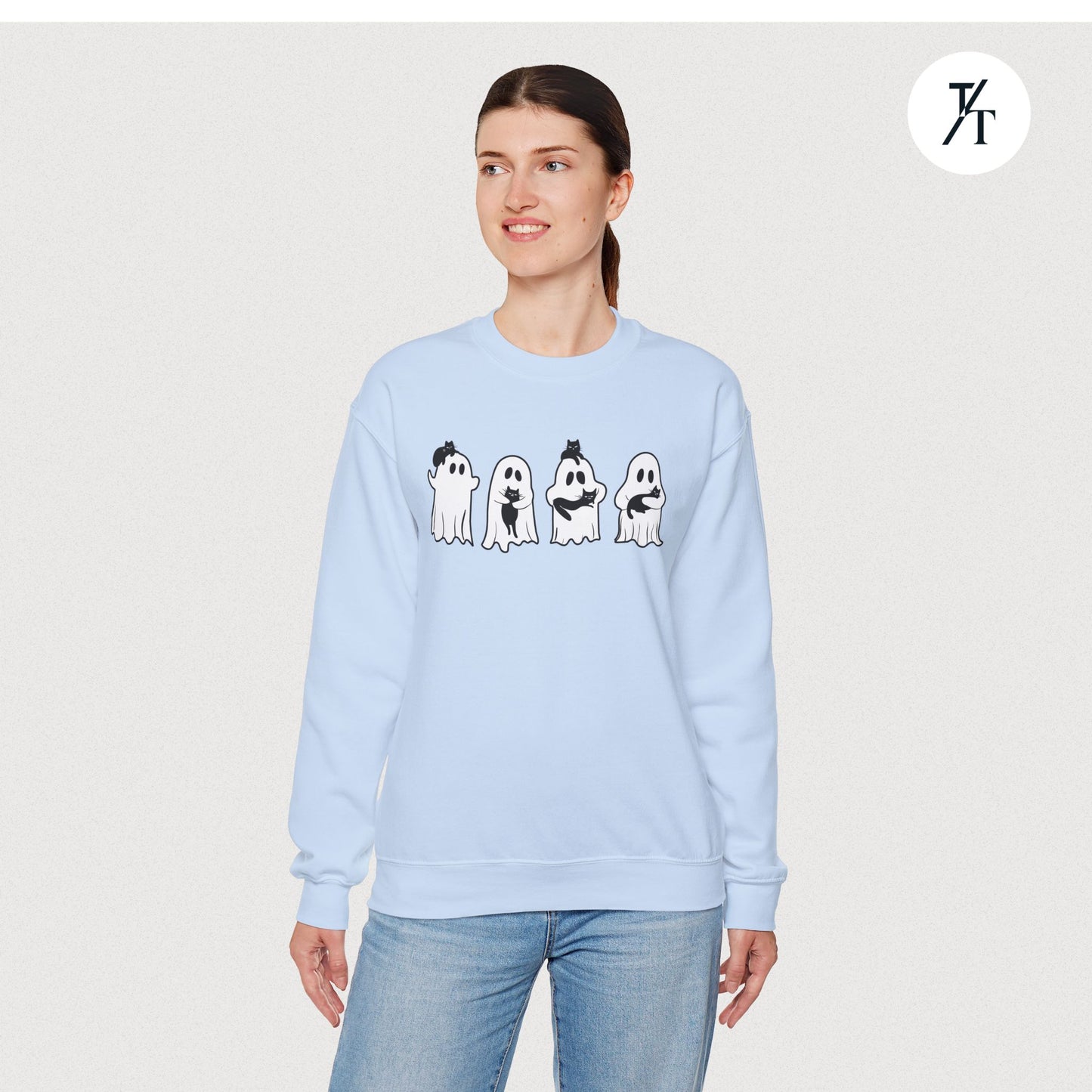 Adorable Ghosts with Cat Women's Halloween Sweatshirt