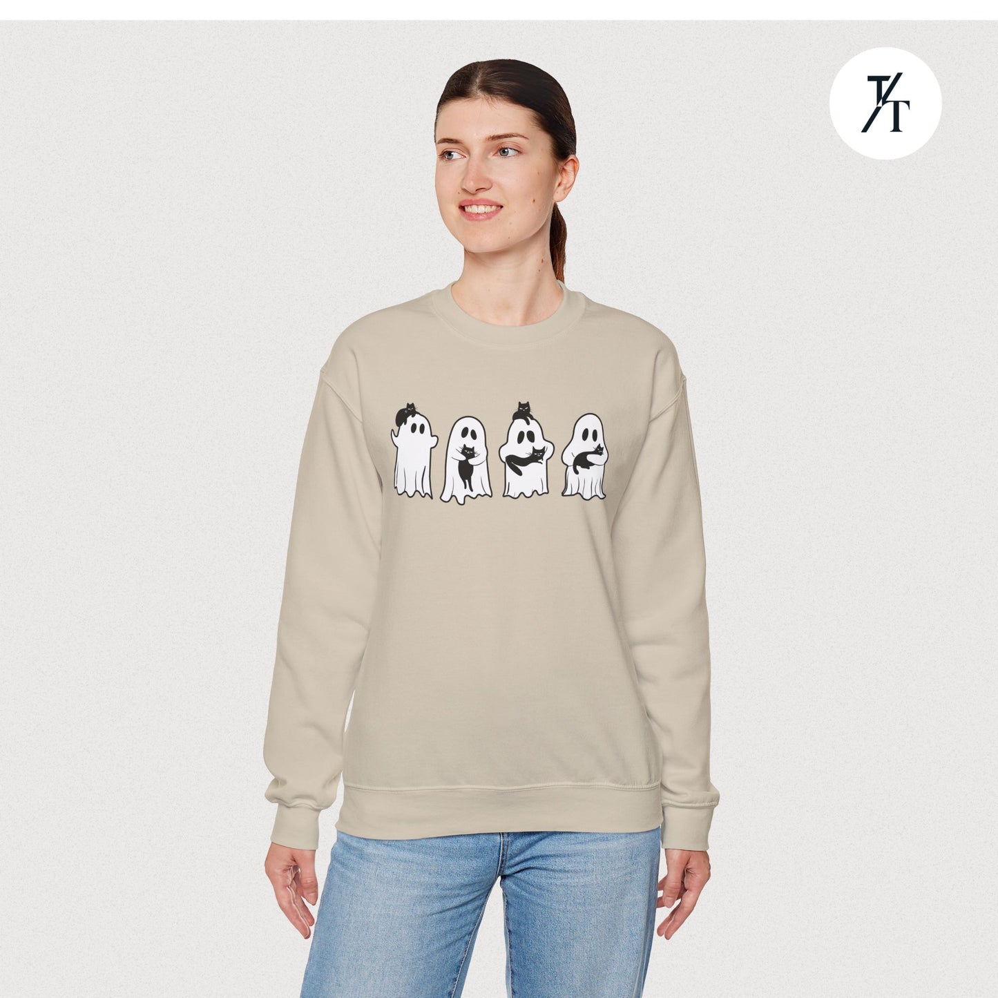 Adorable Ghosts with Cat Women's Halloween Sweatshirt