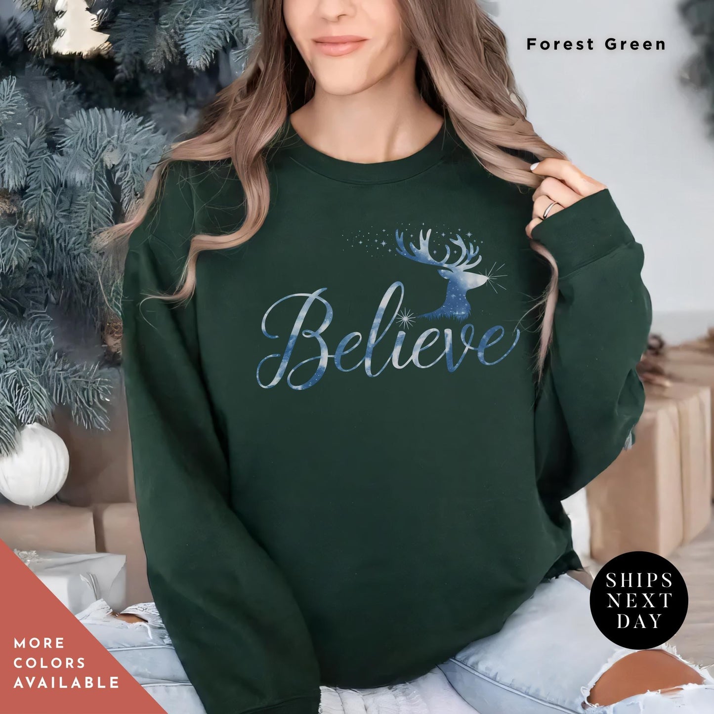 Reindeer Sweatshirt Crewneck Believe Santa Hat Gift for Her