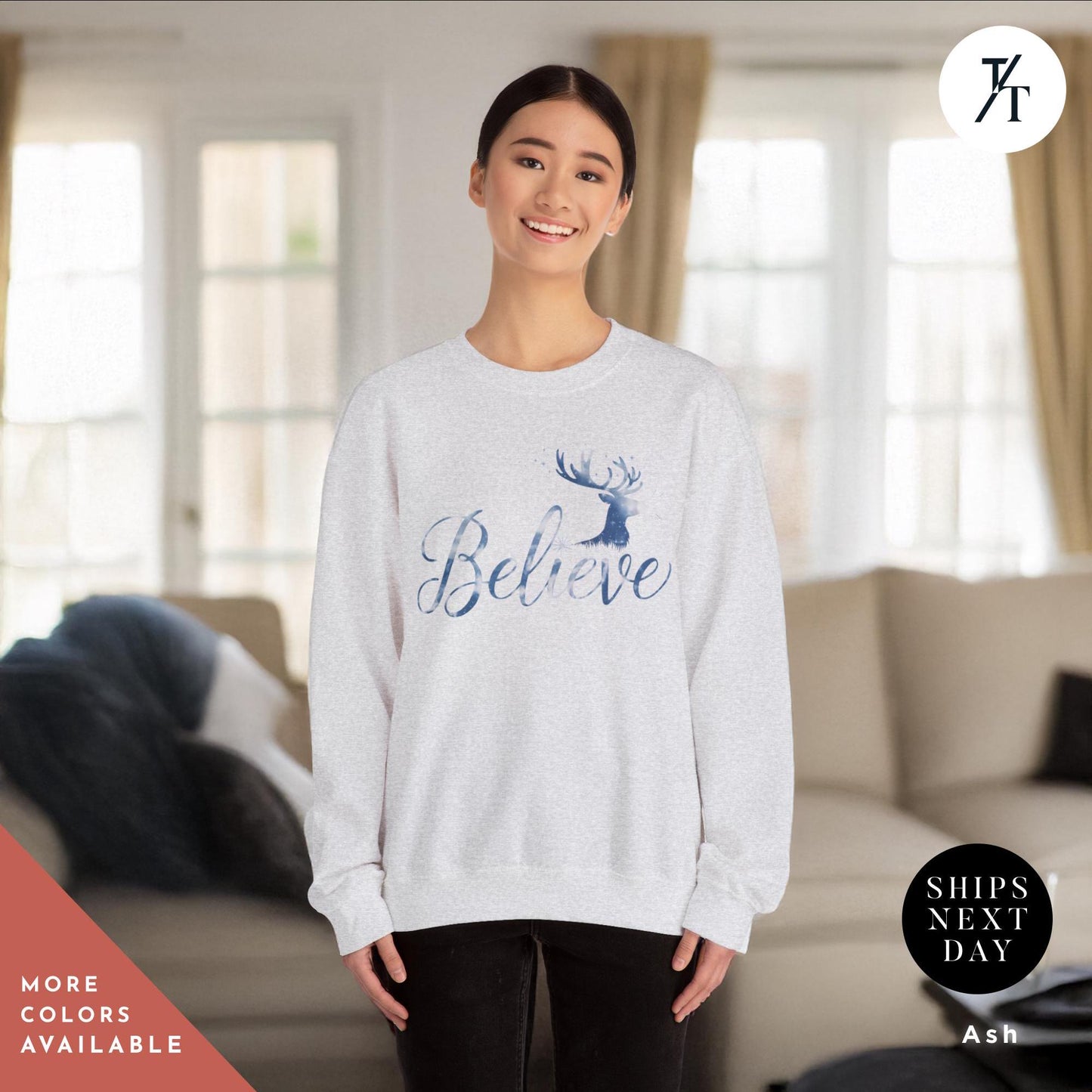 Reindeer Sweatshirt Crewneck Believe Santa Hat Gift for Her