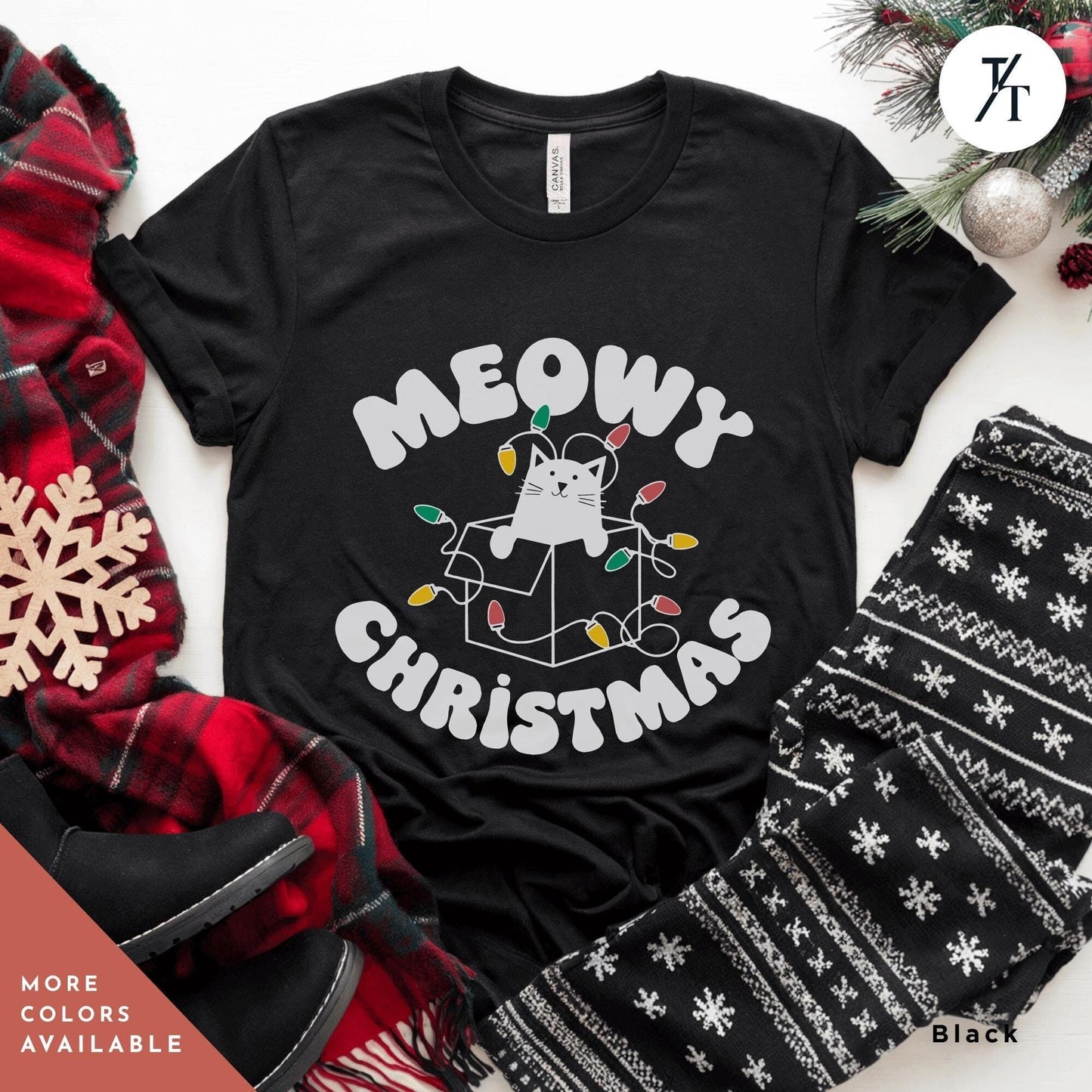 Meowy Christmas Black Cat Christmas Lights Shirt Gift