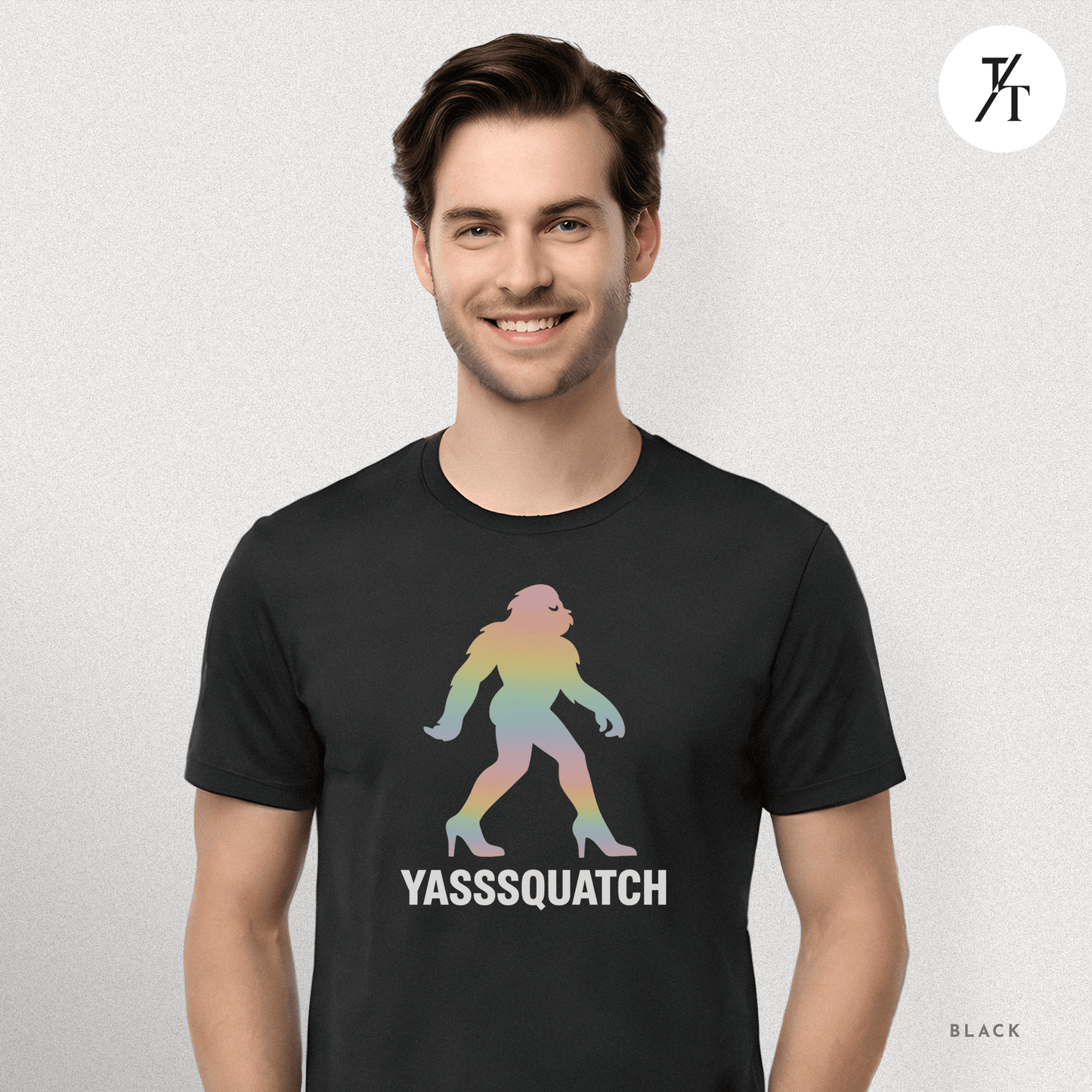 Yasssquatch: Pride Bigfoot Silhouette, Rainbow LGBTQ+ Cryptid Art- Graphic T-shirt