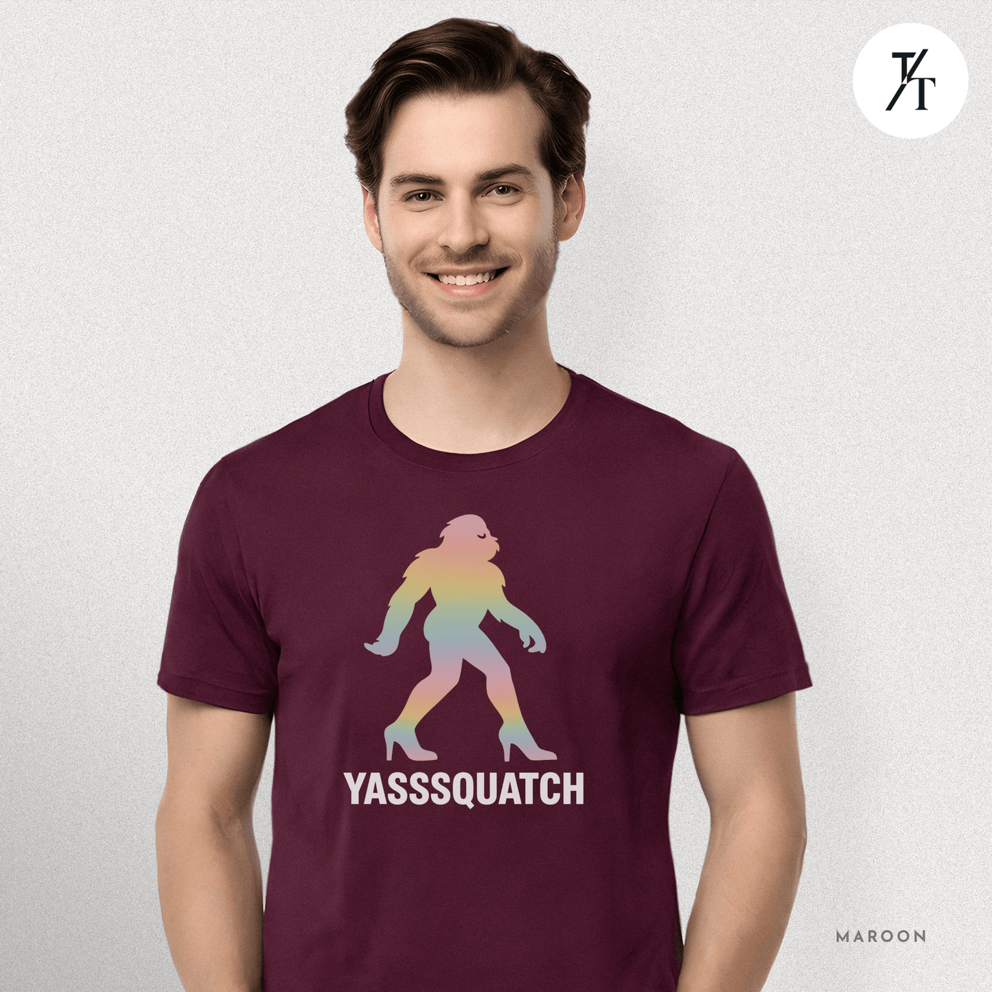 Yasssquatch: Pride Bigfoot Silhouette, Rainbow LGBTQ+ Cryptid Art- Graphic T-shirt