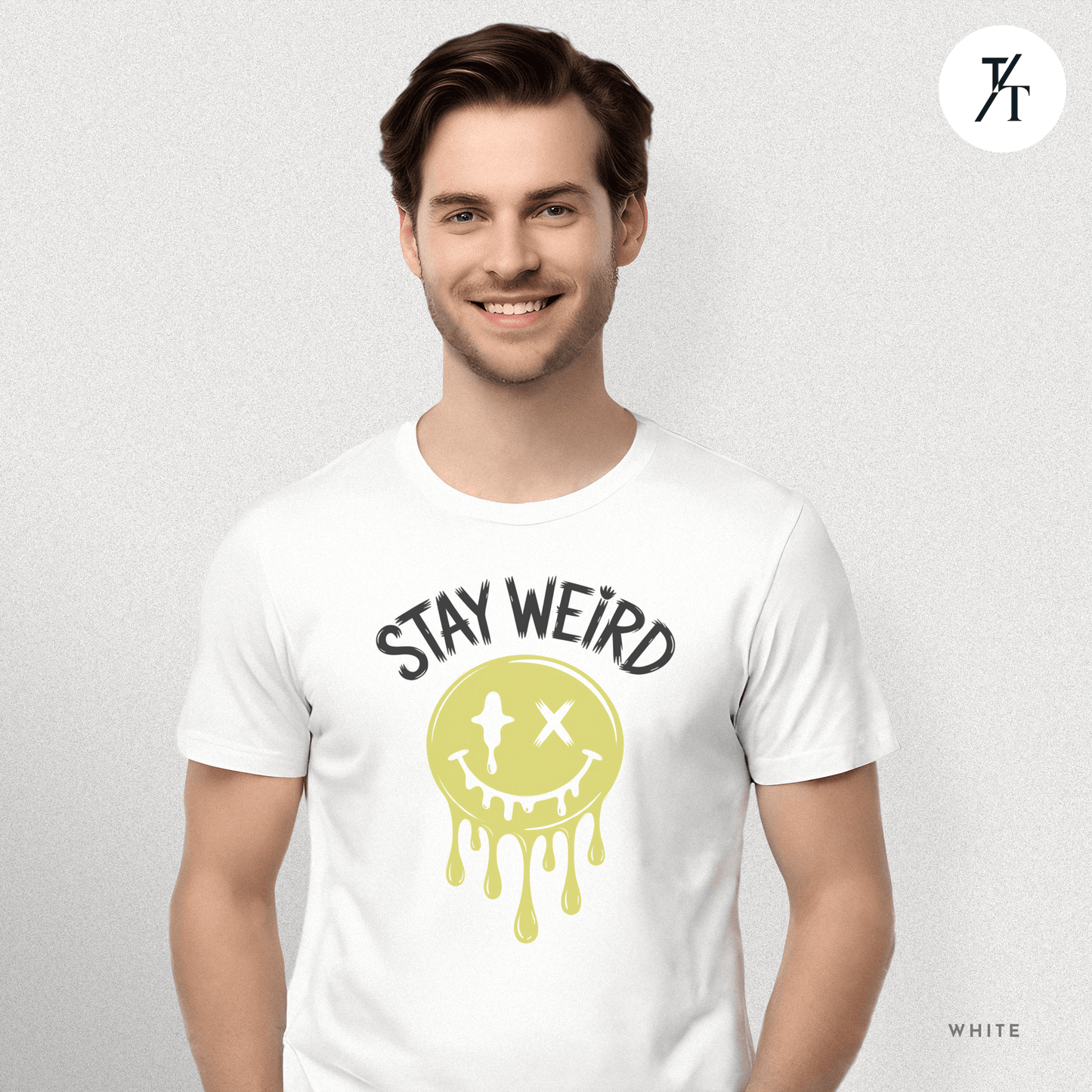 "Stay Weird" Drippy Face Tee, Melting Optimism: Distorted Smiley Face Graphic Alt Vibe StatementT-shirt