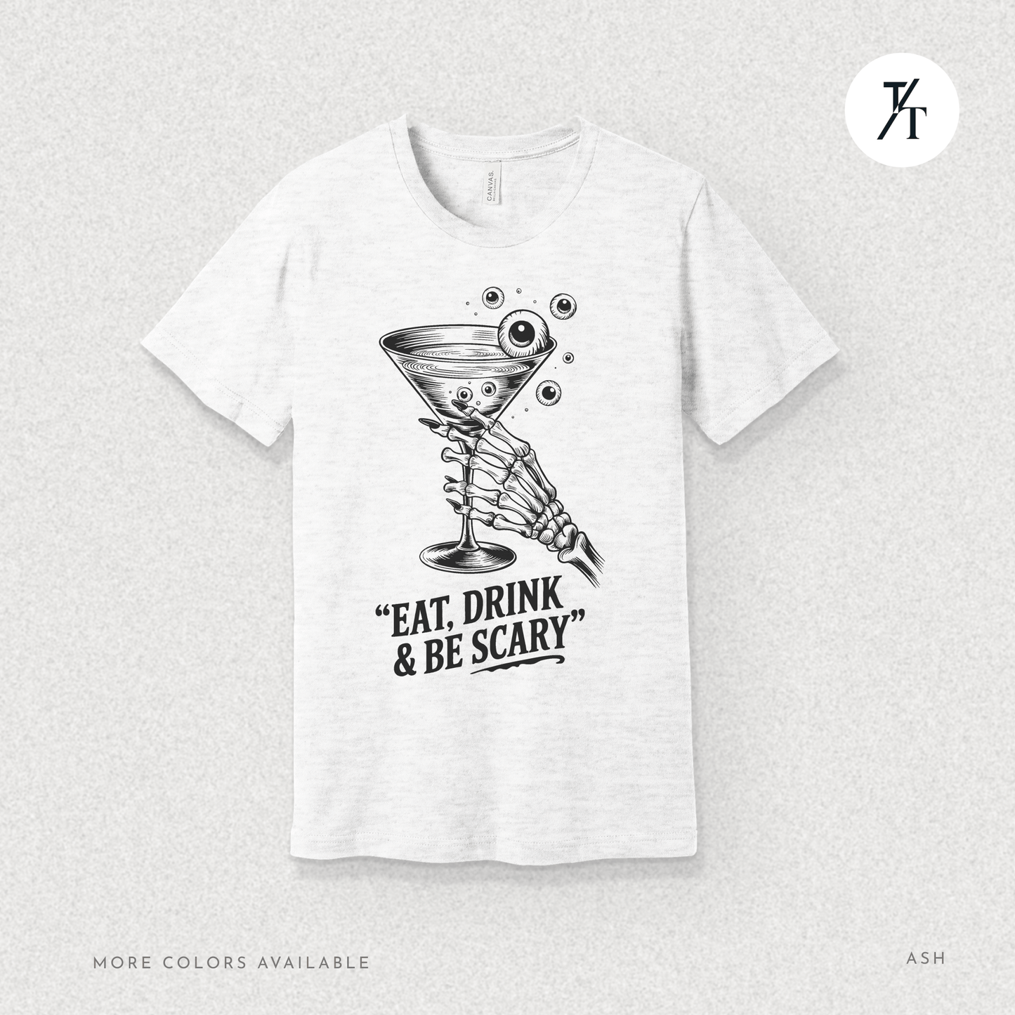 Eat, Drink & Be Scary Tee – Funny Skeleton Halloween Cocktail Shirt