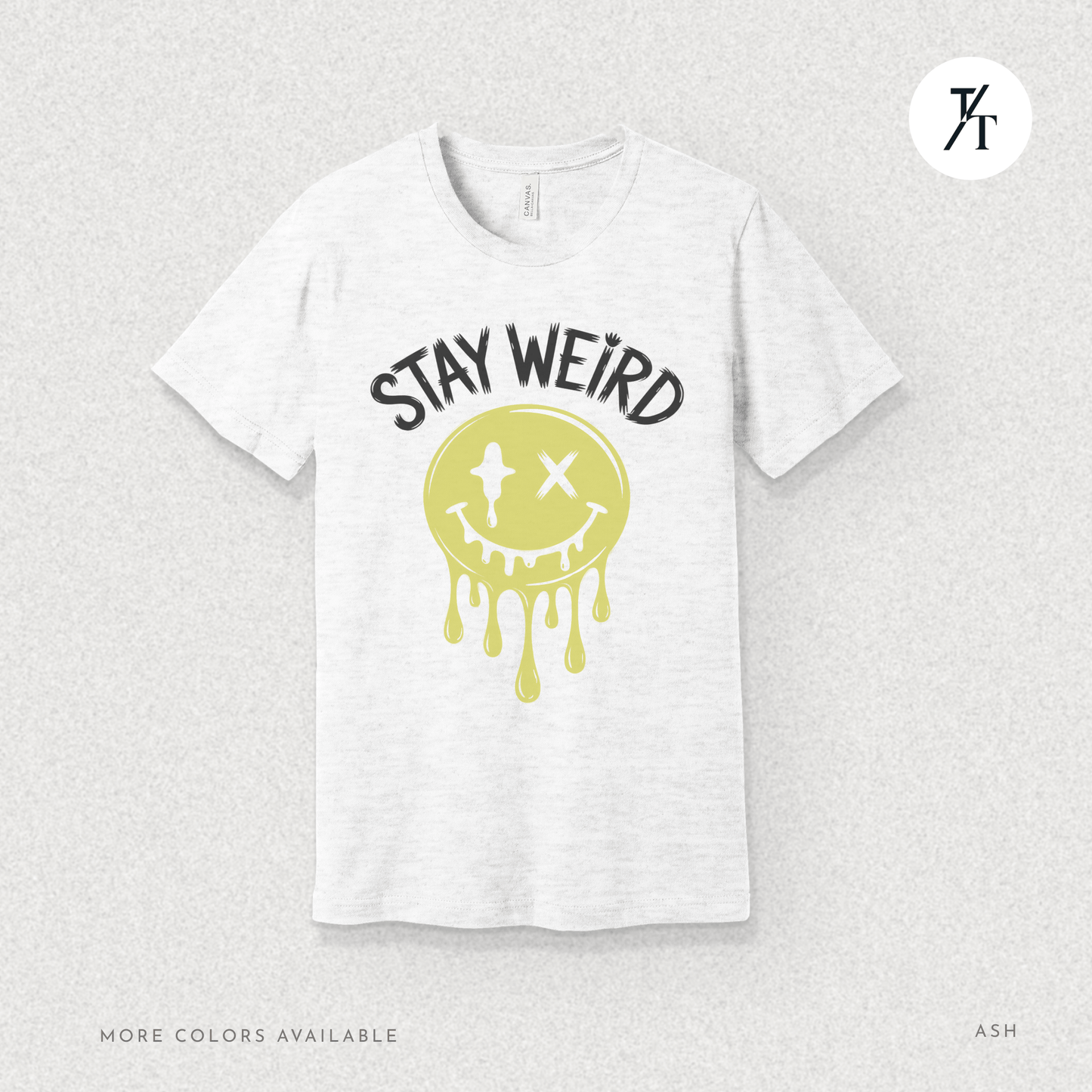 "Stay Weird" Drippy Face Tee, Melting Optimism: Distorted Smiley Face Graphic Alt Vibe StatementT-shirt