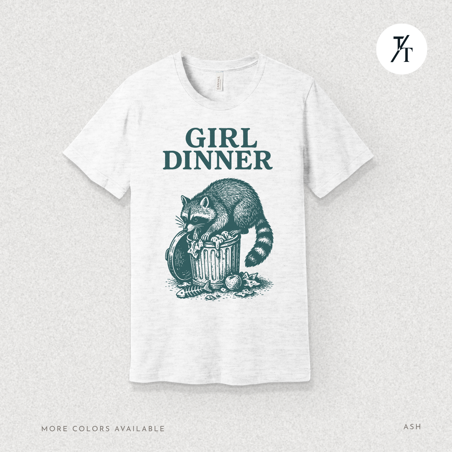 Girl Dinner: Raccoon Scavenging Trash, Vintage Woodcut Style Illustration, Teal and Black Contrast Artwork- Graphic T-shirt