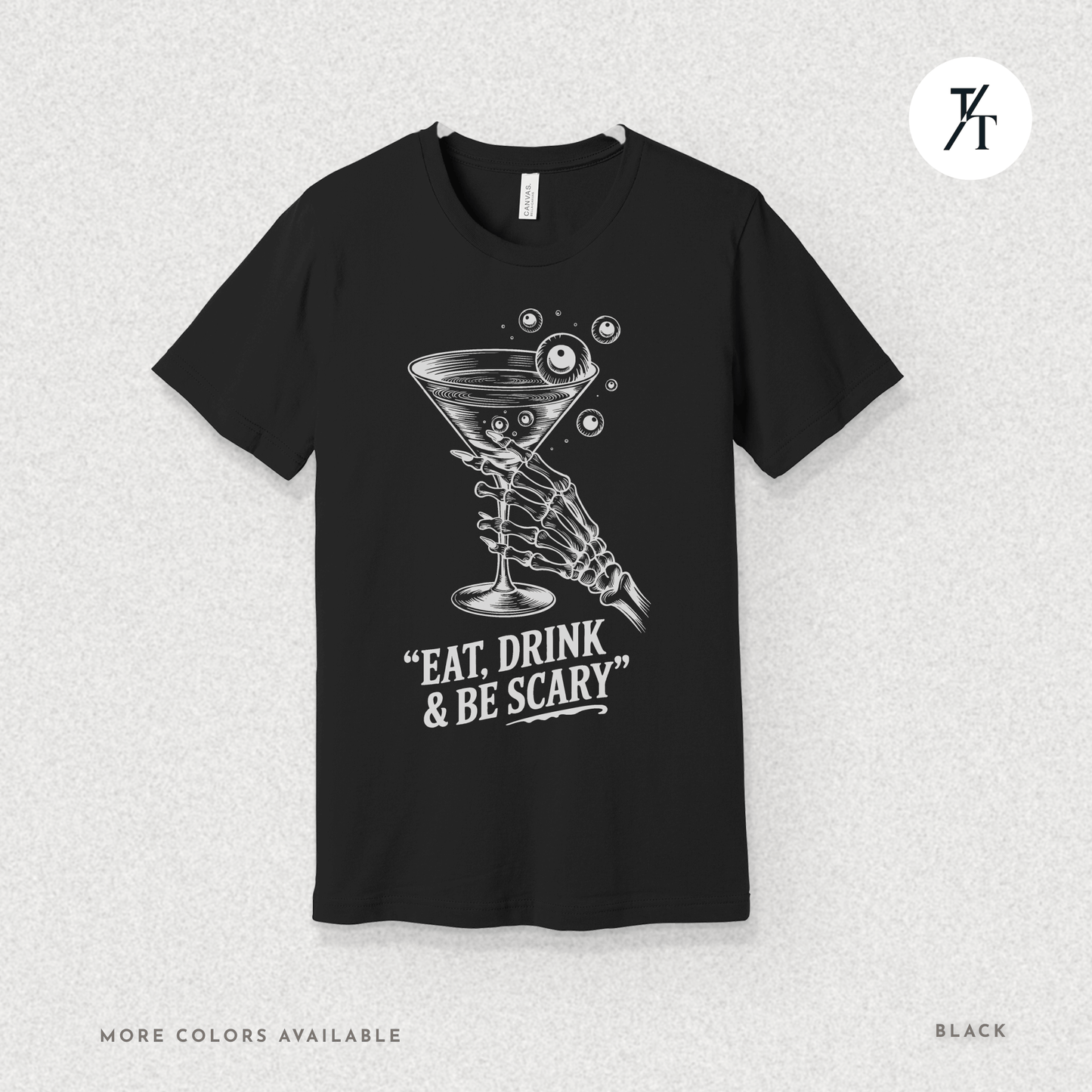 Eat, Drink & Be Scary Tee – Funny Skeleton Halloween Cocktail Shirt