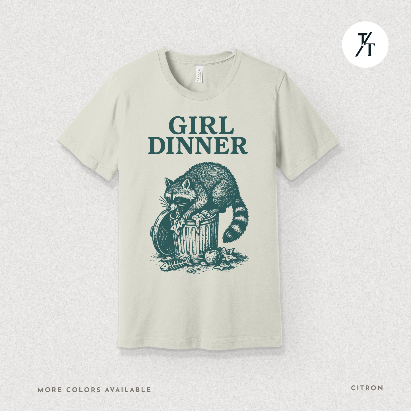 Girl Dinner: Raccoon Scavenging Trash, Vintage Woodcut Style Illustration, Teal and Black Contrast Artwork- Graphic T-shirt