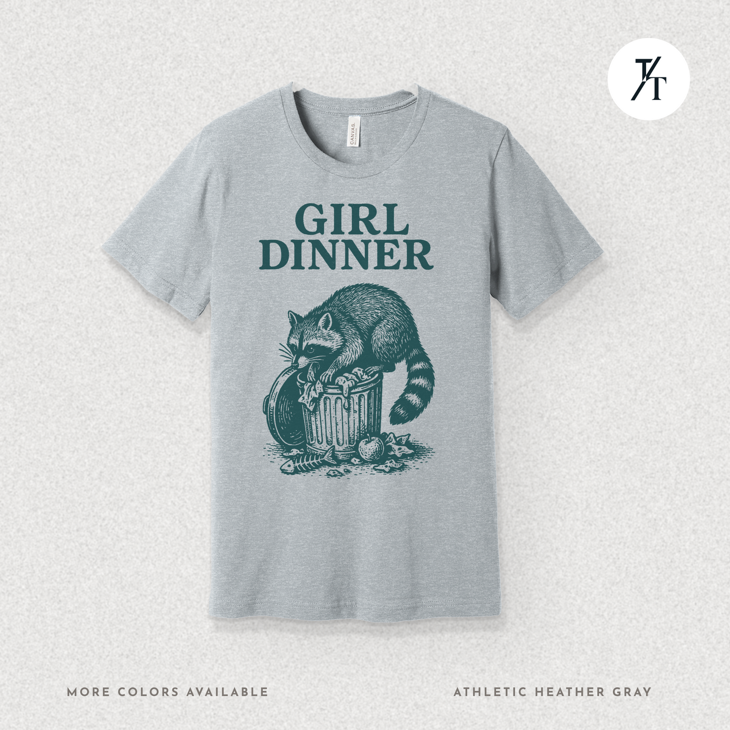 Girl Dinner: Raccoon Scavenging Trash, Vintage Woodcut Style Illustration, Teal and Black Contrast Artwork- Graphic T-shirt