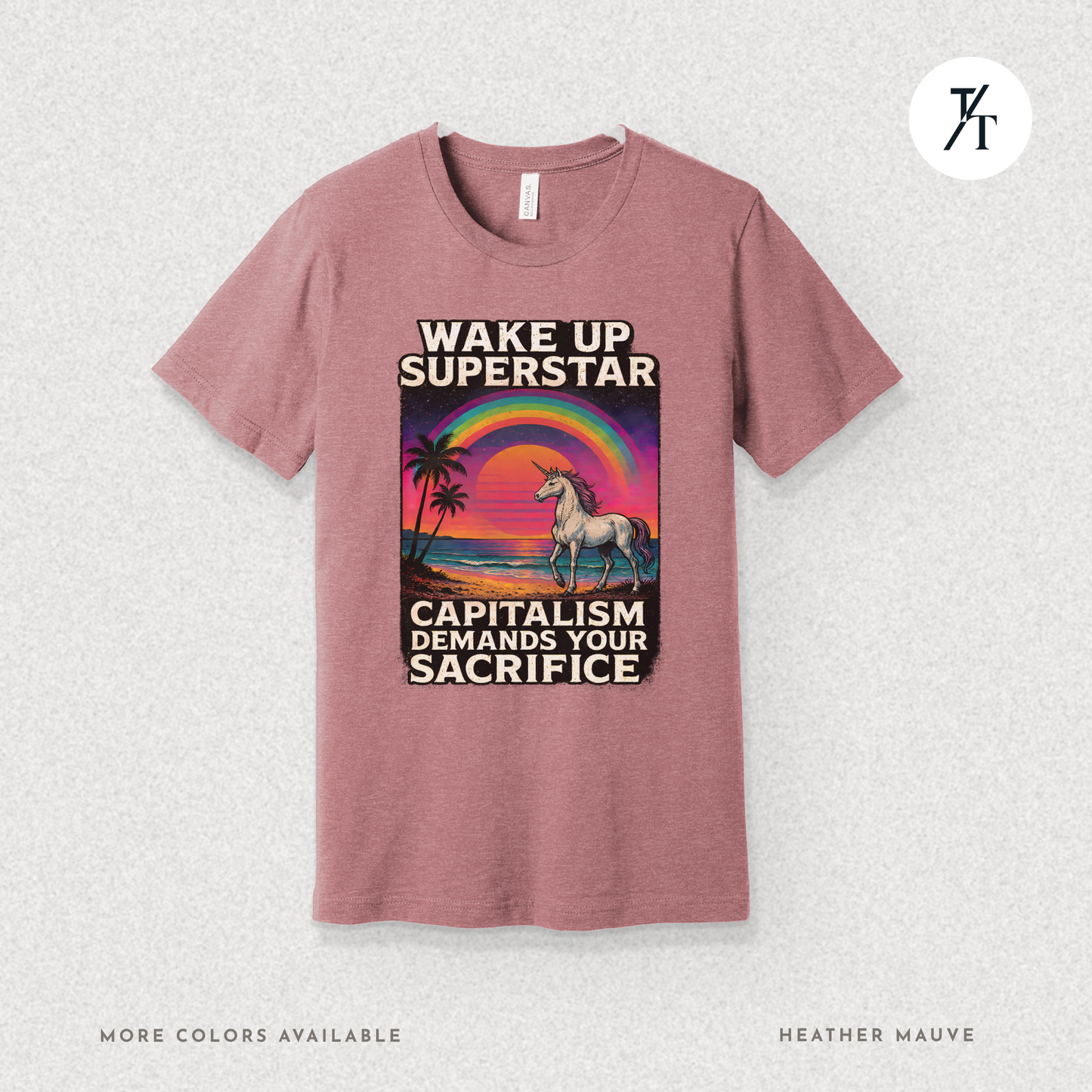 Capitalist Dreamscape: Retro Unicorn Beach, Satirical 80s Graphic Design- Graphic T-shirt