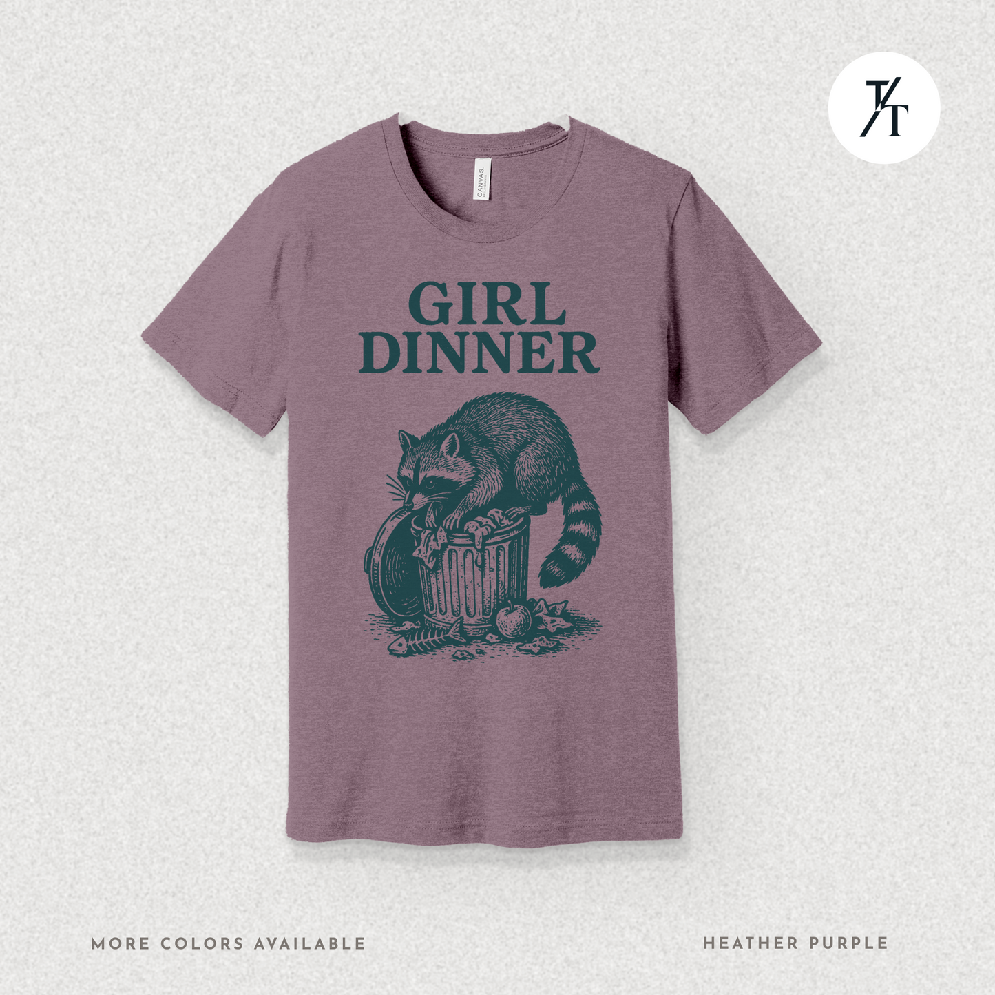 Girl Dinner: Raccoon Scavenging Trash, Vintage Woodcut Style Illustration, Teal and Black Contrast Artwork- Graphic T-shirt