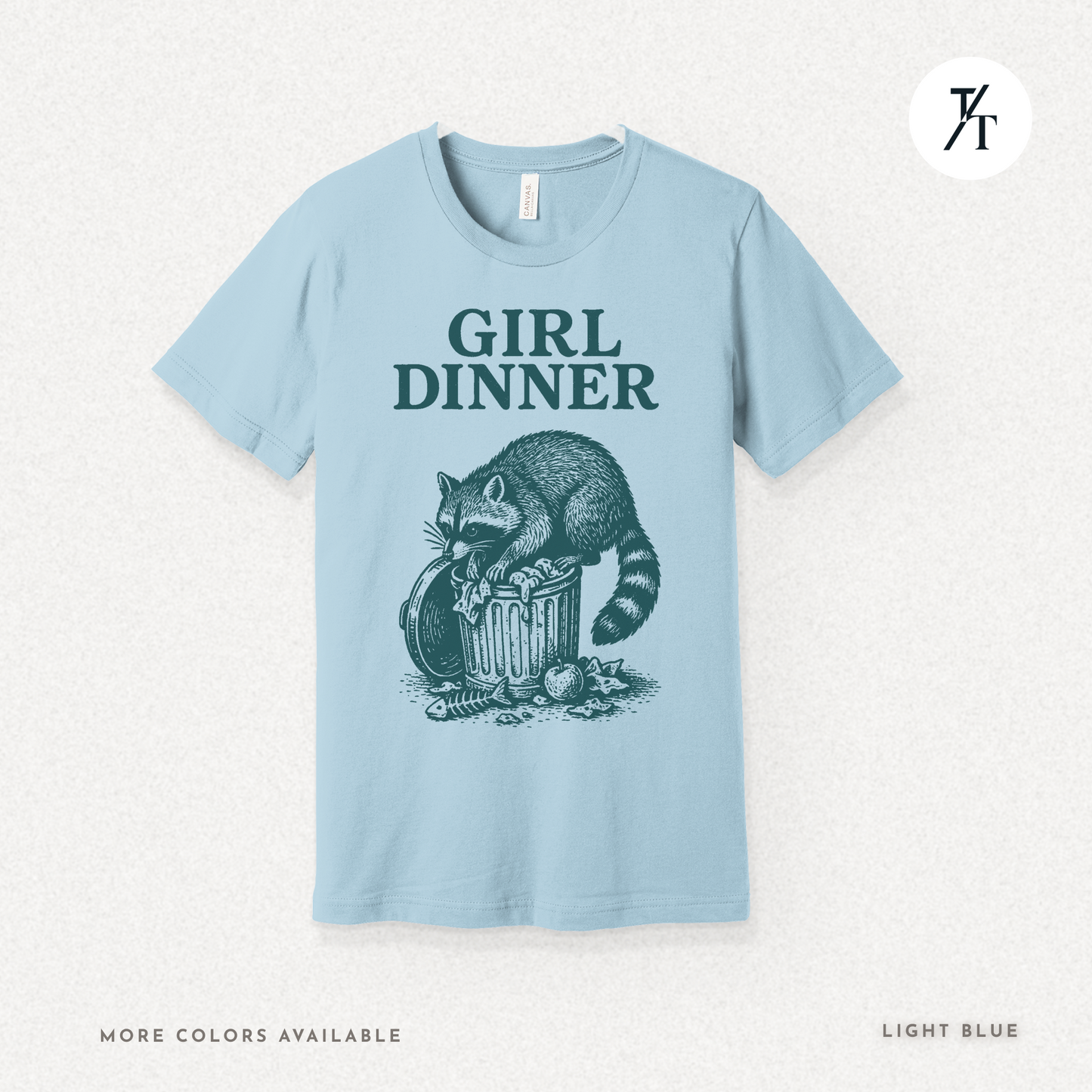 Girl Dinner: Raccoon Scavenging Trash, Vintage Woodcut Style Illustration, Teal and Black Contrast Artwork- Graphic T-shirt