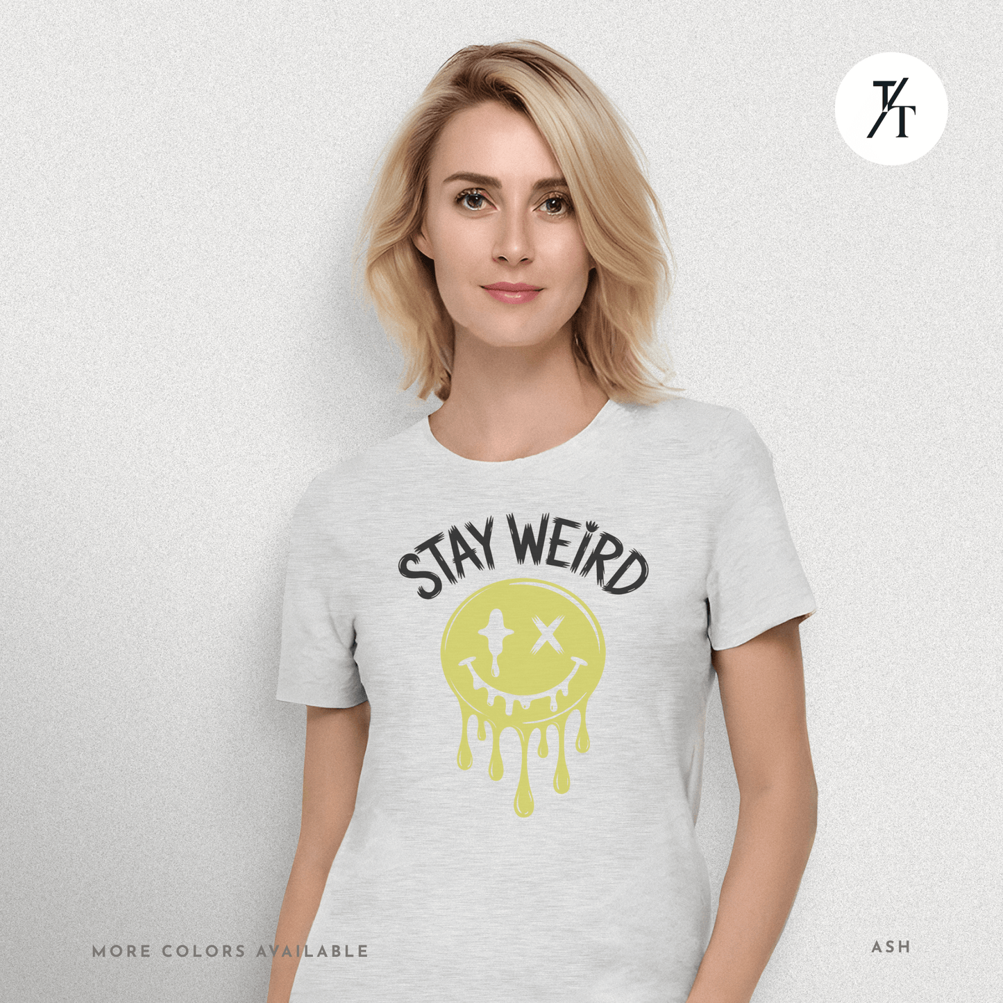 "Stay Weird" Drippy Face Tee, Melting Optimism: Distorted Smiley Face Graphic Alt Vibe StatementT-shirt