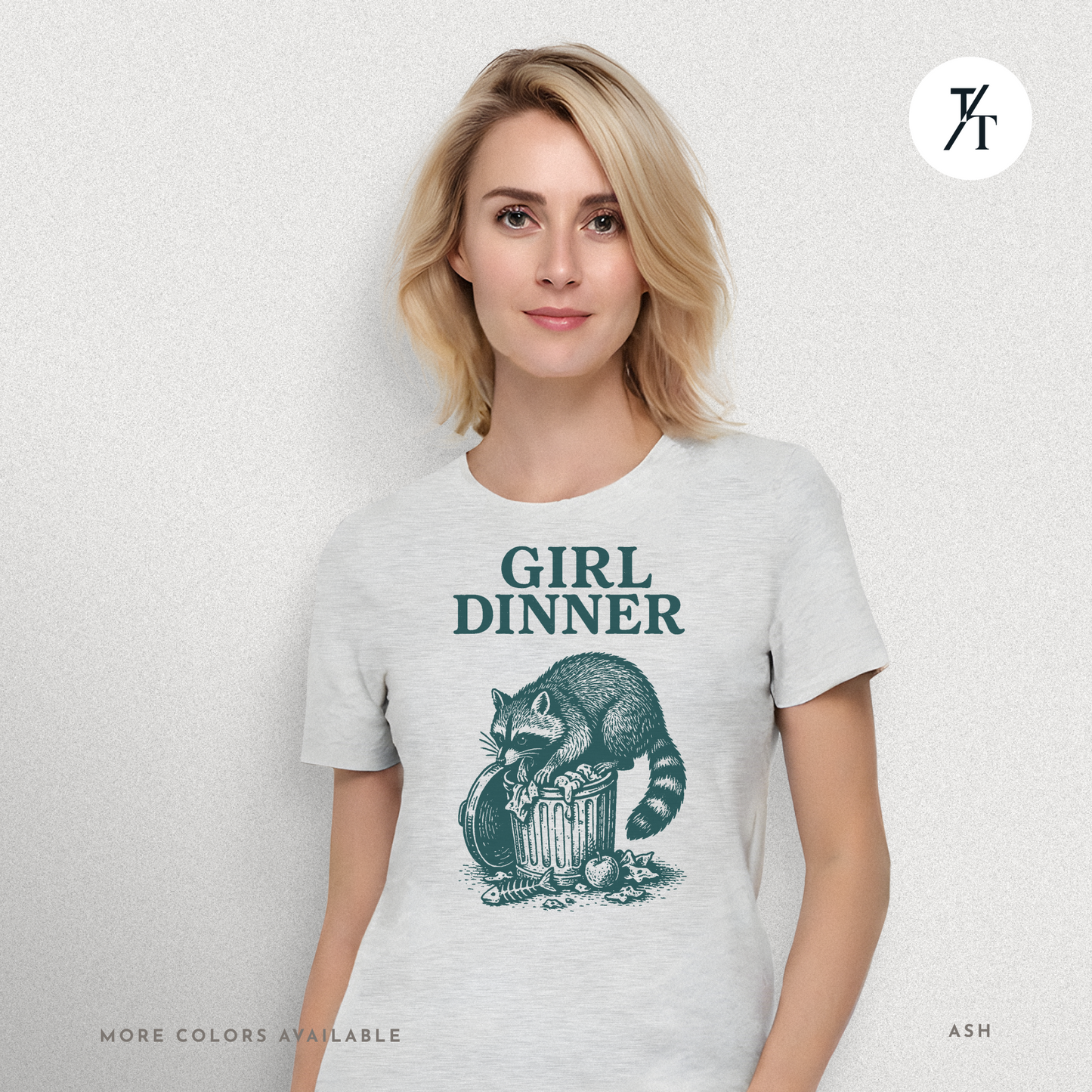 Girl Dinner: Raccoon Scavenging Trash, Vintage Woodcut Style Illustration, Teal and Black Contrast Artwork- Graphic T-shirt