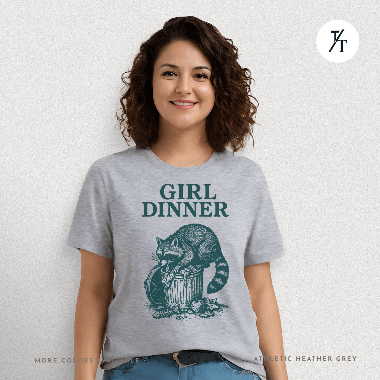 Girl Dinner: Raccoon Scavenging Trash, Vintage Woodcut Style Illustration, Teal and Black Contrast Artwork- Graphic T-shirt