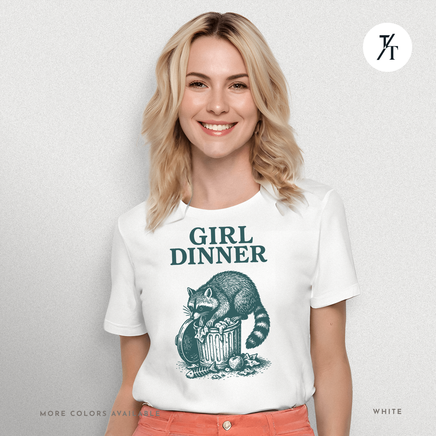 Girl Dinner: Raccoon Scavenging Trash, Vintage Woodcut Style Illustration, Teal and Black Contrast Artwork- Graphic T-shirt