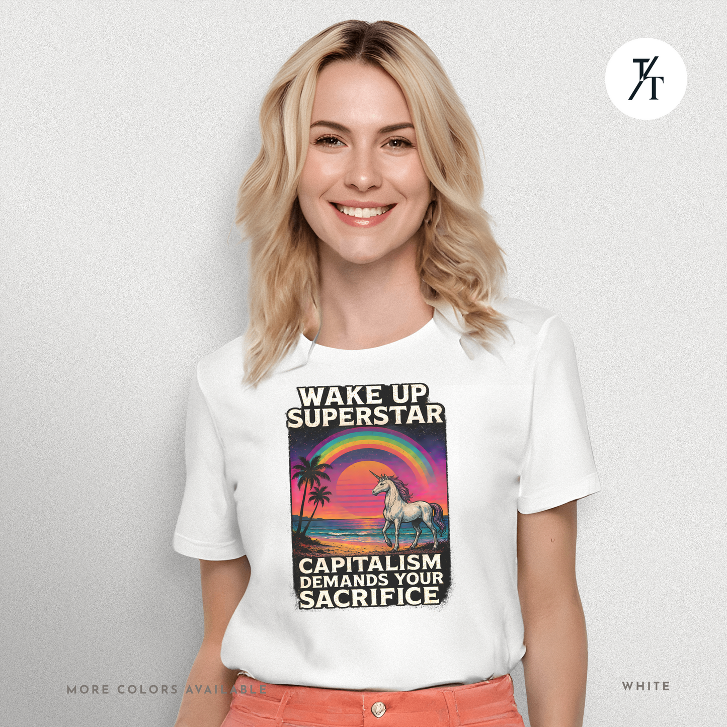 Capitalist Dreamscape: Retro Unicorn Beach, Satirical 80s Graphic Design- Graphic T-shirt