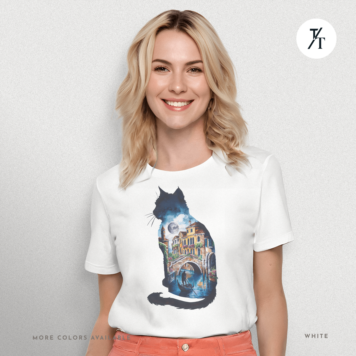 Moonlit Venice Cat Tee – Artistic Nightscape Silhouette Shirt