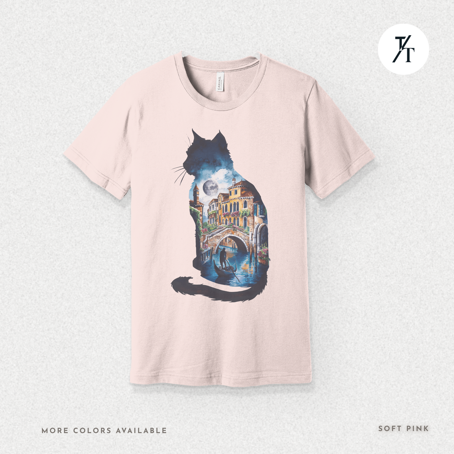 Moonlit Venice Cat Tee – Artistic Nightscape Silhouette Shirt