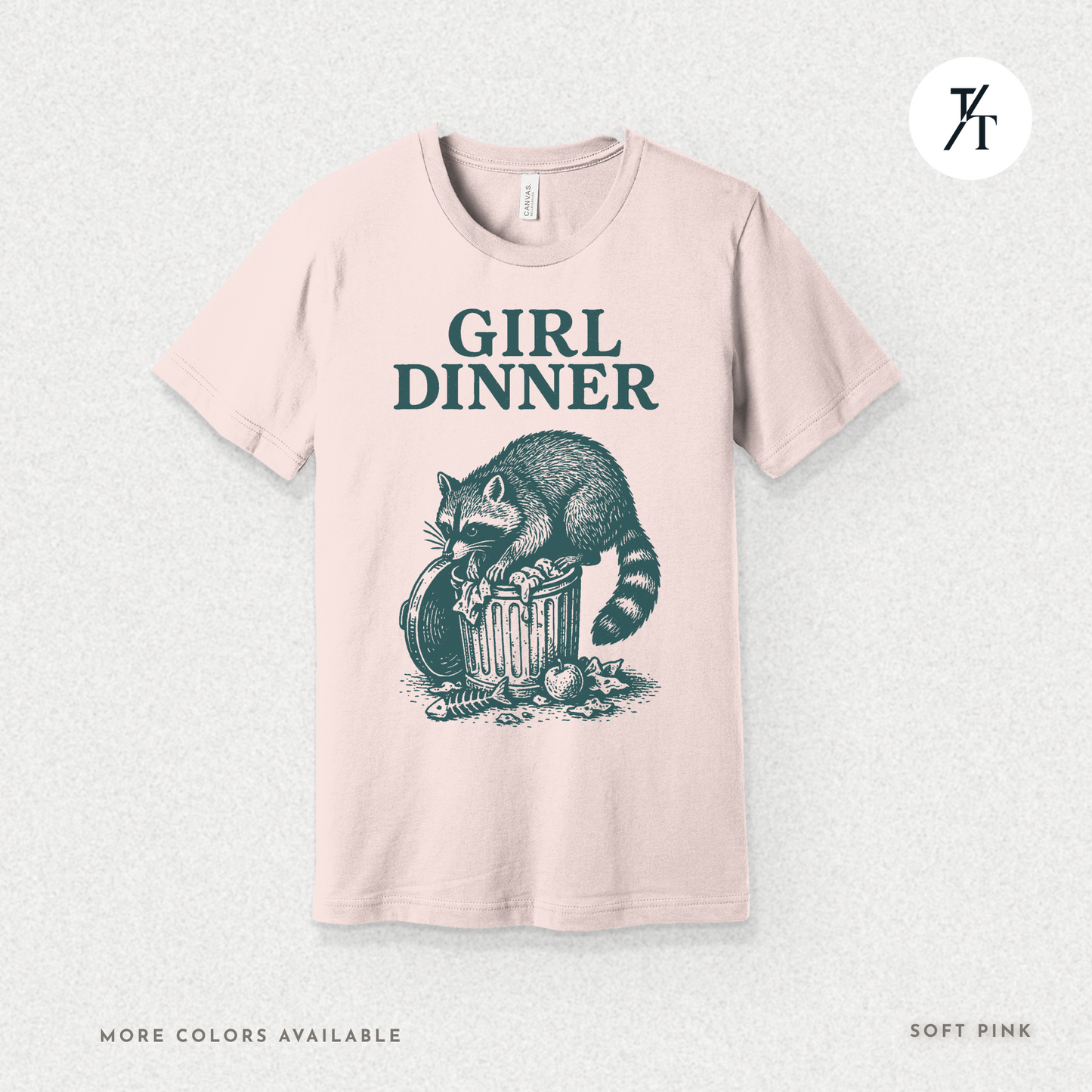 Girl Dinner: Raccoon Scavenging Trash, Vintage Woodcut Style Illustration, Teal and Black Contrast Artwork- Graphic T-shirt