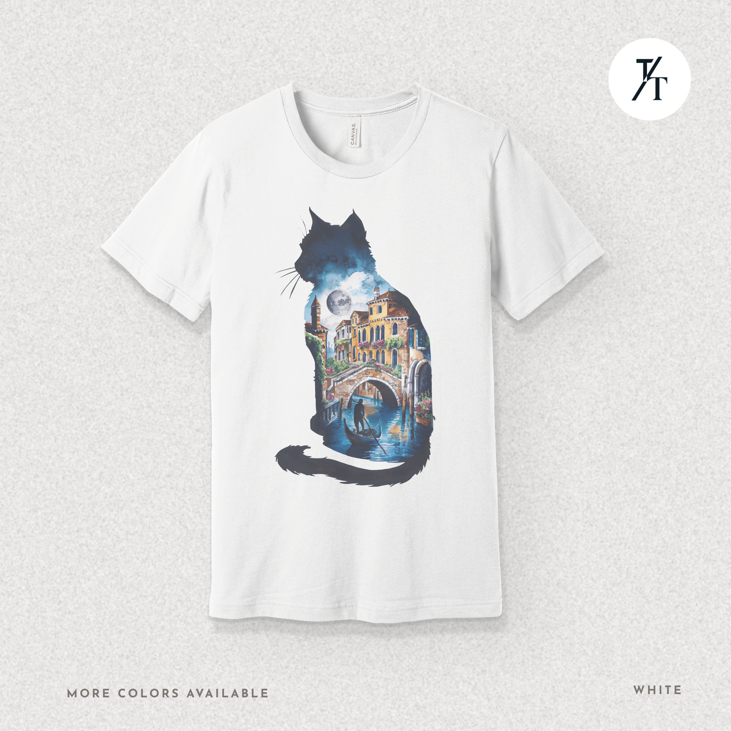 Moonlit Venice Cat Tee – Artistic Nightscape Silhouette Shirt