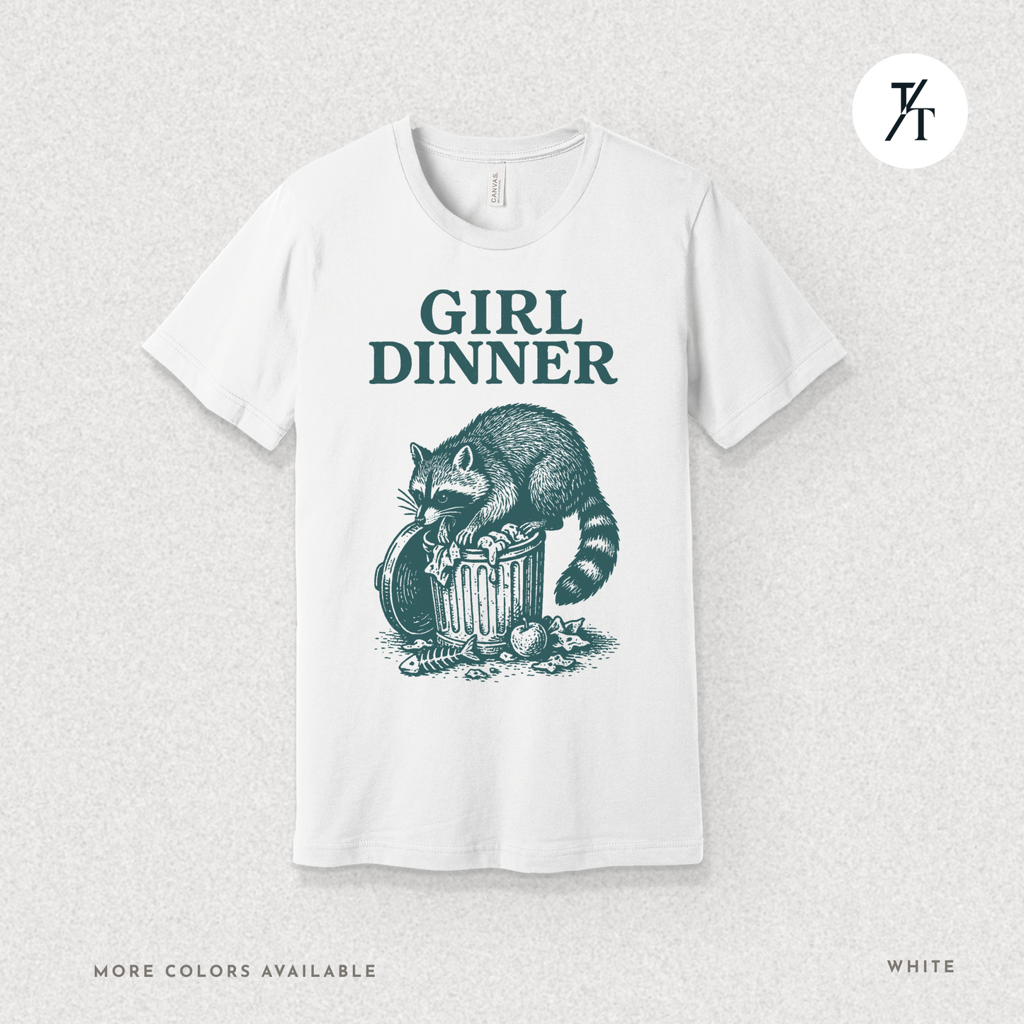 Girl Dinner: Raccoon Scavenging Trash, Vintage Woodcut Style Illustration, Teal and Black Contrast Artwork- Graphic T-shirt