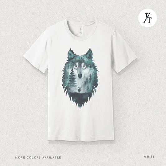 Alpha Forest Wolf Tee – Wildlife Double Exposure Graphic Shirt