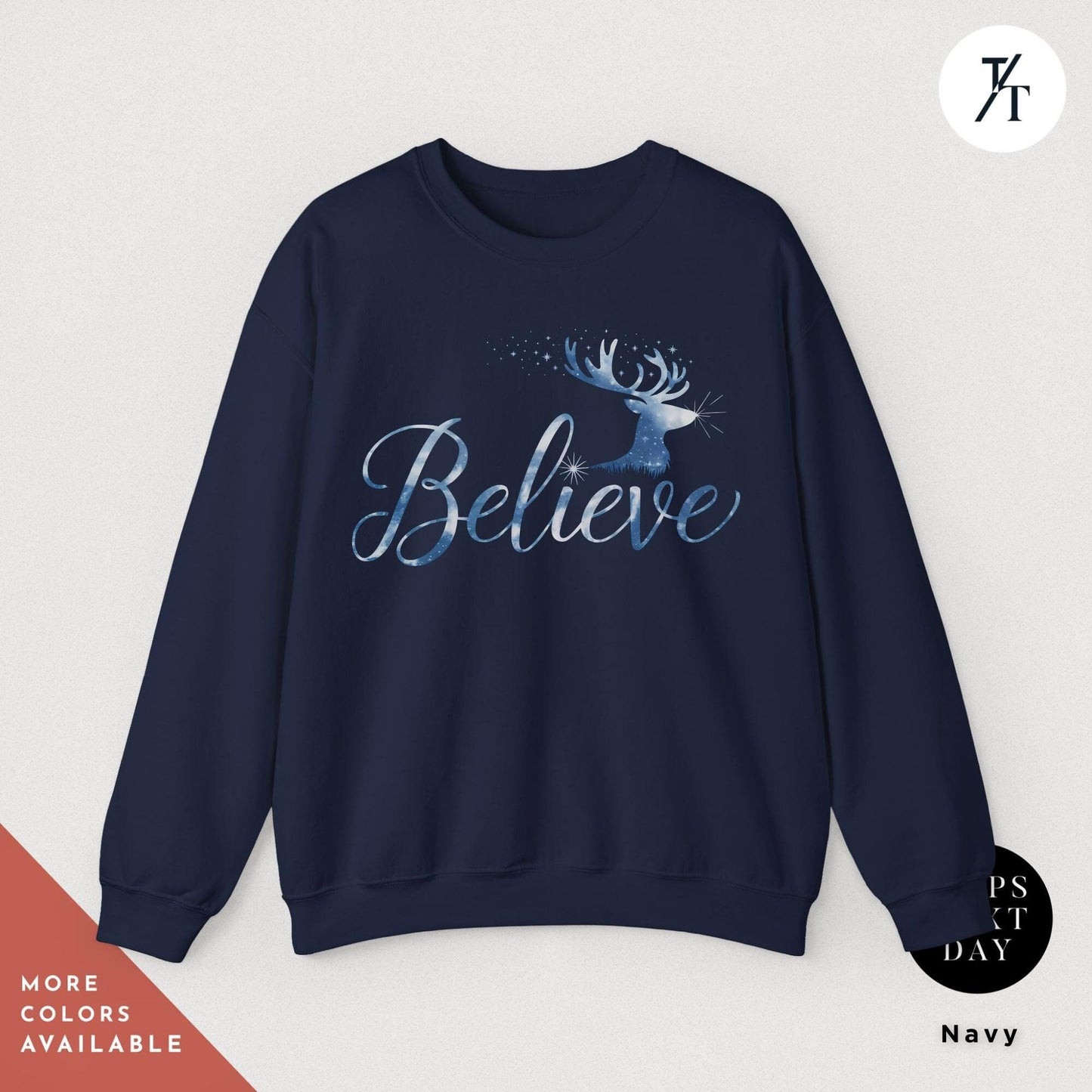 Reindeer Sweatshirt Crewneck Believe Santa Hat Gift for Her