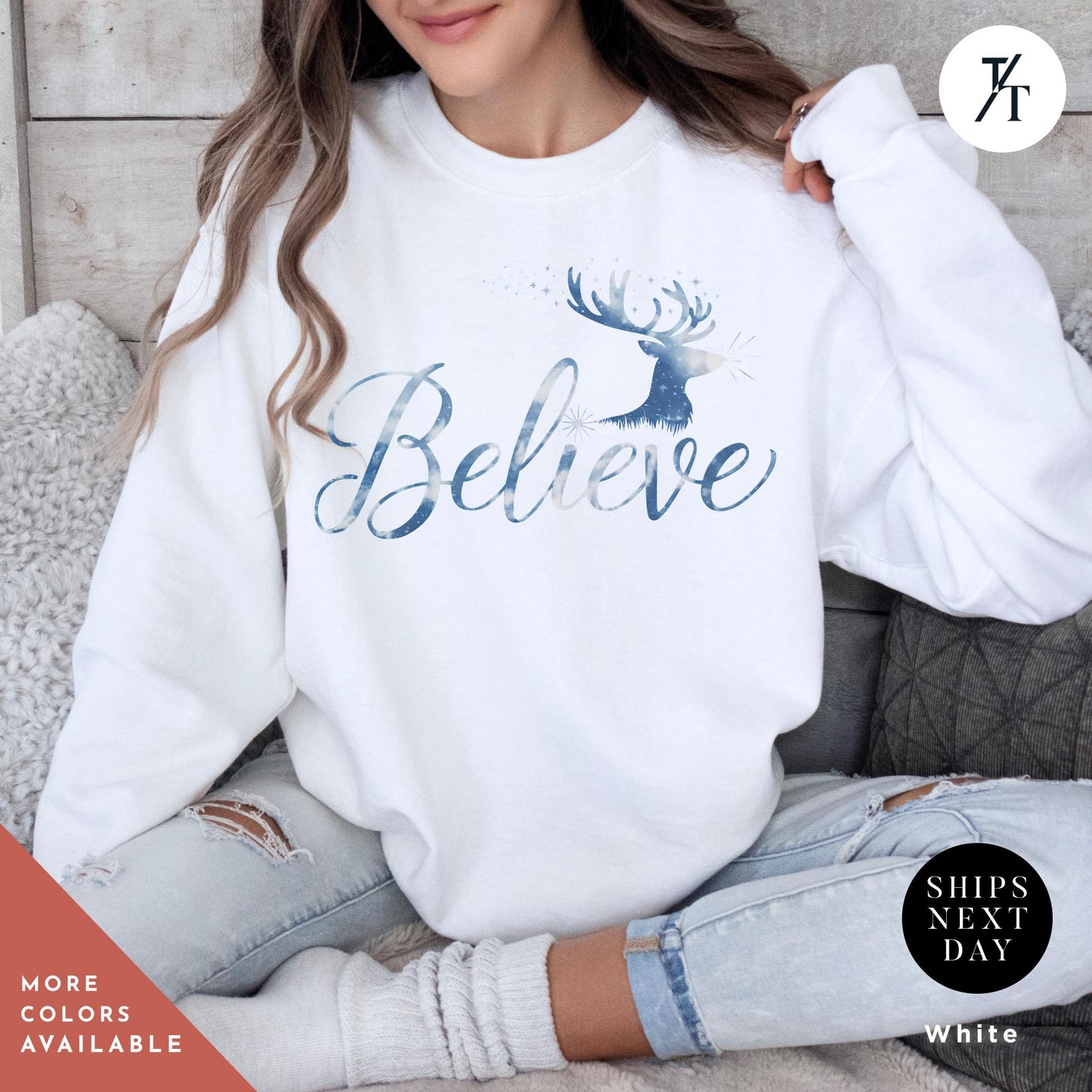 Reindeer Sweatshirt Crewneck Believe Santa Hat Gift for Her