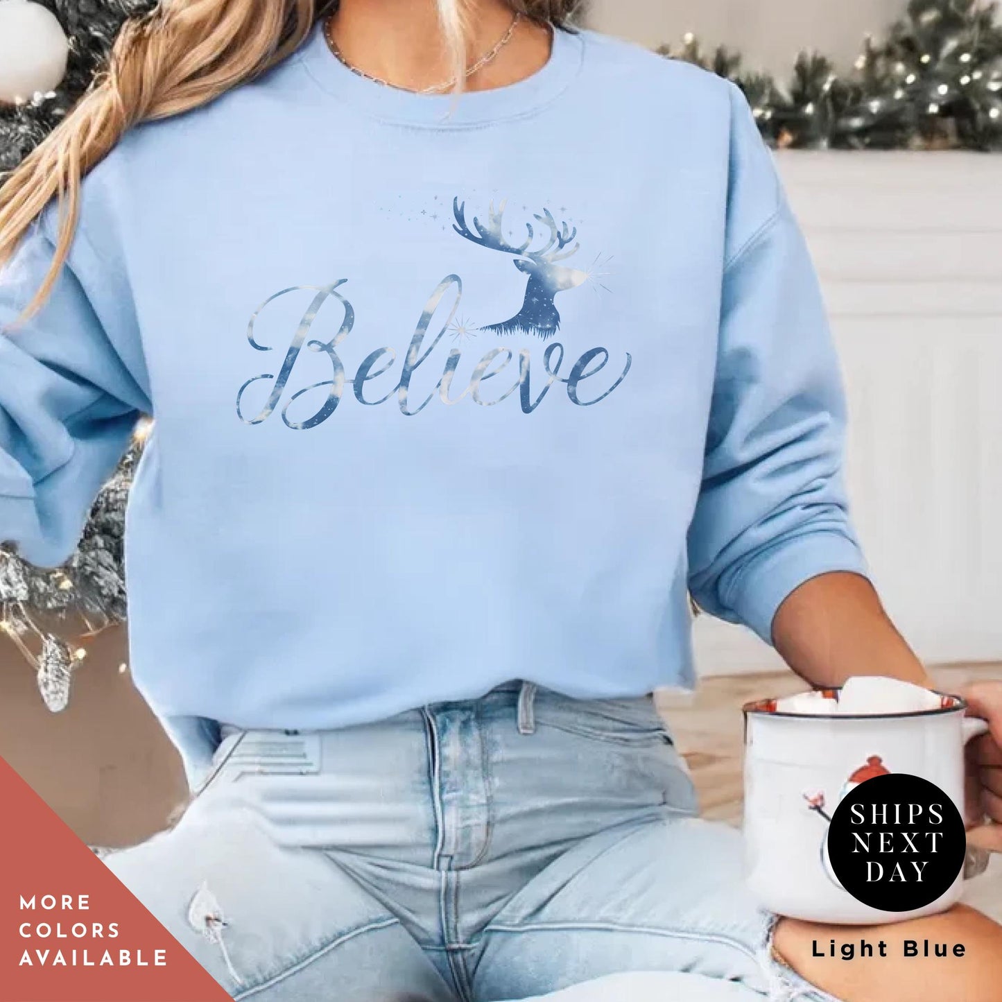 Reindeer Sweatshirt Crewneck Believe Santa Hat Gift for Her
