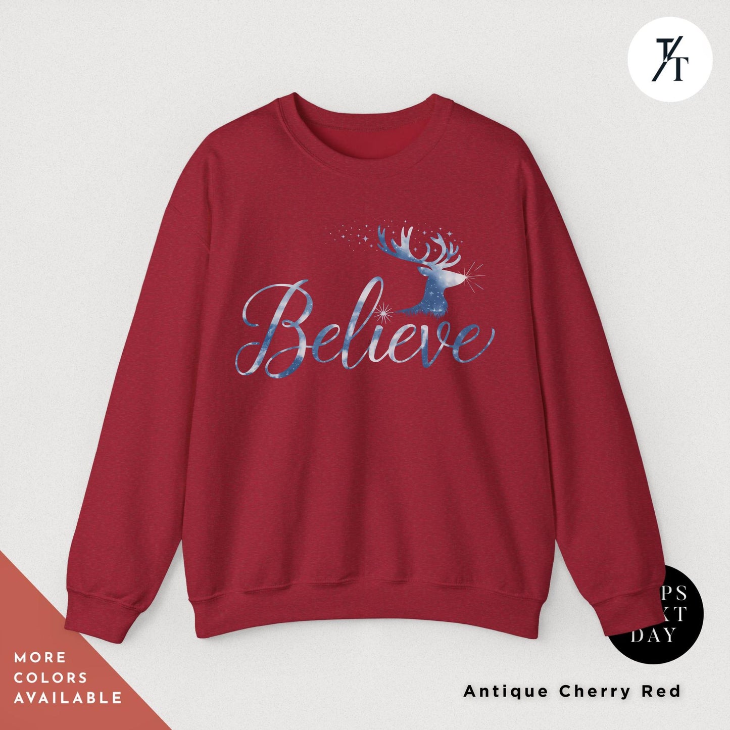 Reindeer Sweatshirt Crewneck Believe Santa Hat Gift for Her