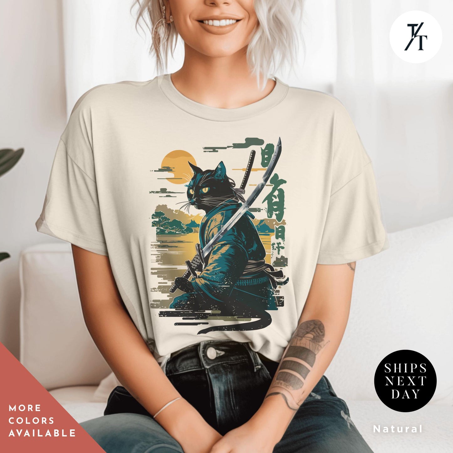 Samurai Cat Shirt Japanese Cat Art Aesthetic T-Shirt
