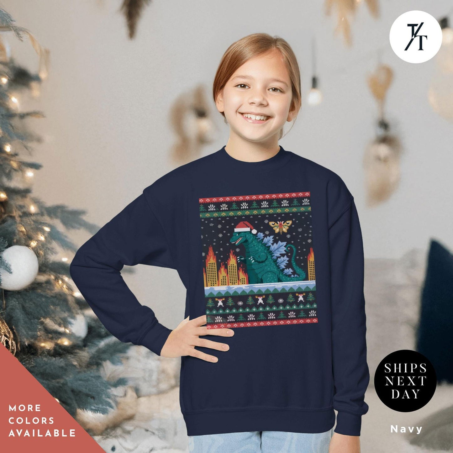 godzilla christmas shirt dinosaur ugly christmas sweater for kids Godzilla Sweatshirt sweater Kaiju Sweatshirt Anime Kids Shirts - Trendy/Timeless Studio