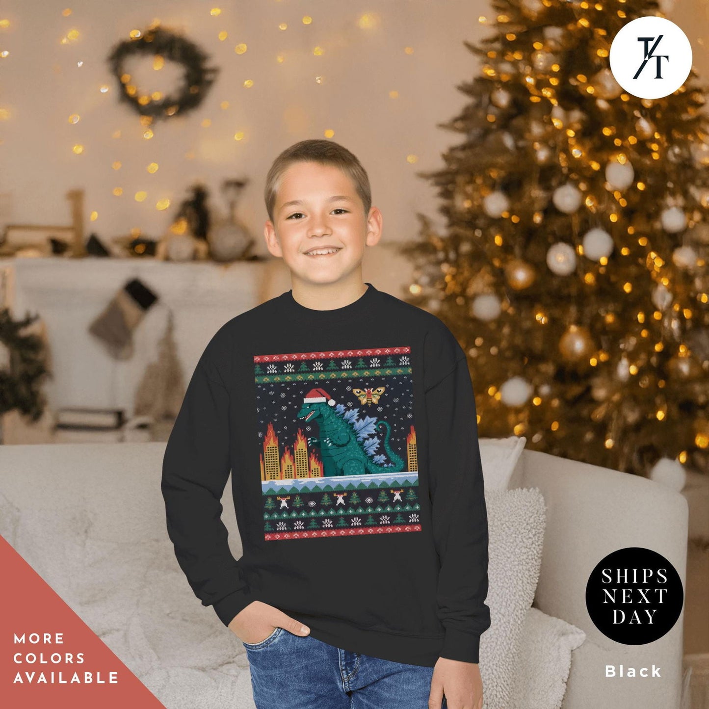 godzilla christmas shirt dinosaur ugly christmas sweater for kids Godzilla Sweatshirt sweater Kaiju Sweatshirt Anime Kids Shirts - Trendy/Timeless Studio