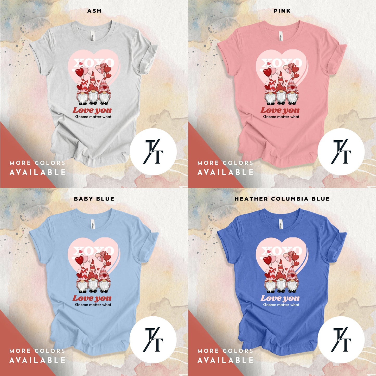 a grid of 4 shirts of various colors with a group of adorable valentine''s day gnomes on a them, Love You Gnome Matter What | Valentine'S Day Gnomes Shirt | Valentine Gift | Gnome Heart Shirt | Valentines Shirt | pink gnome | Love shirt