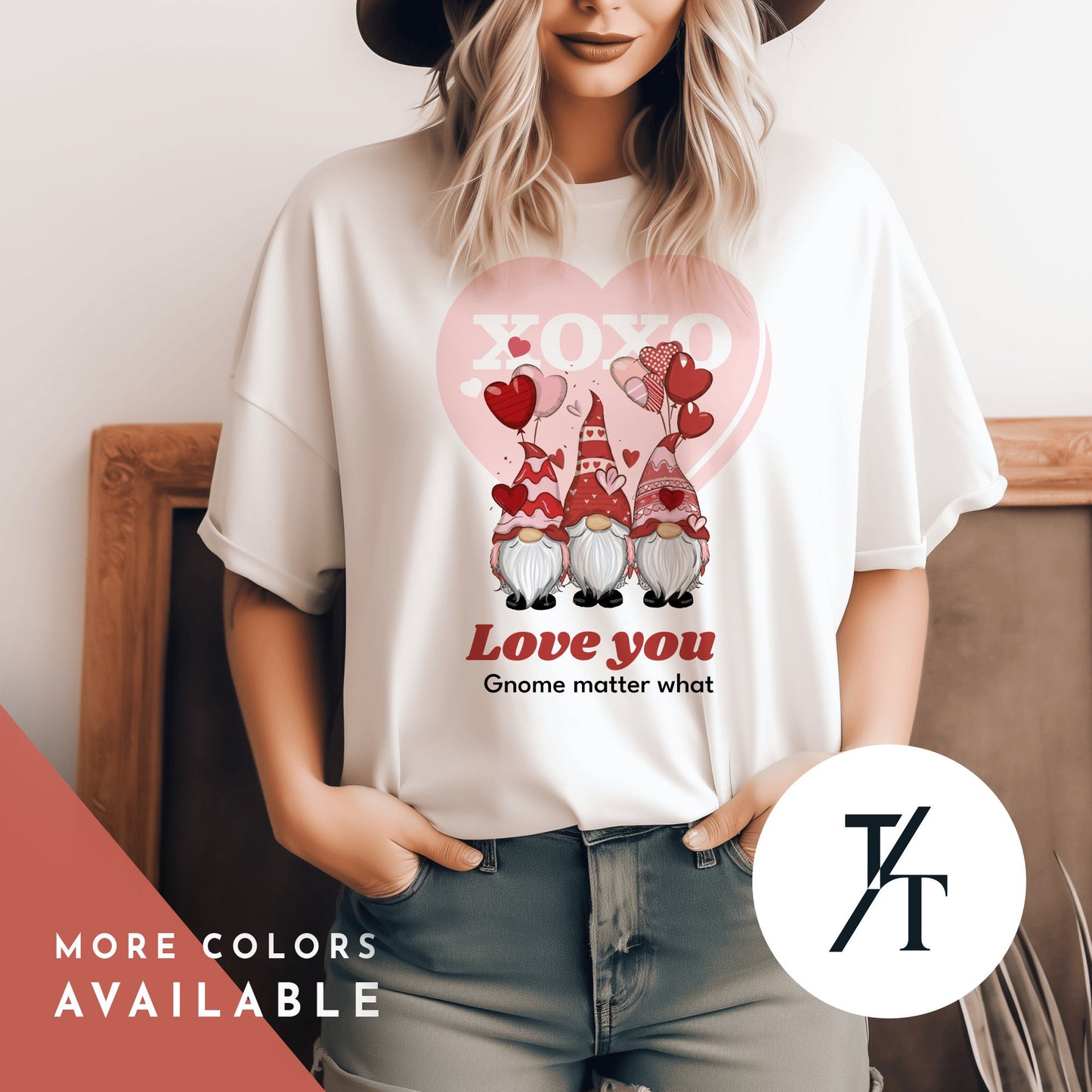 a woman wearing a shirt with group of adorable valentine''s day gnomes on iy, Love You Gnome Matter What | Valentine'S Day Gnomes Shirt | Valentine Gift | Gnome Heart Shirt | Valentines Shirt | pink gnome | Love shirt