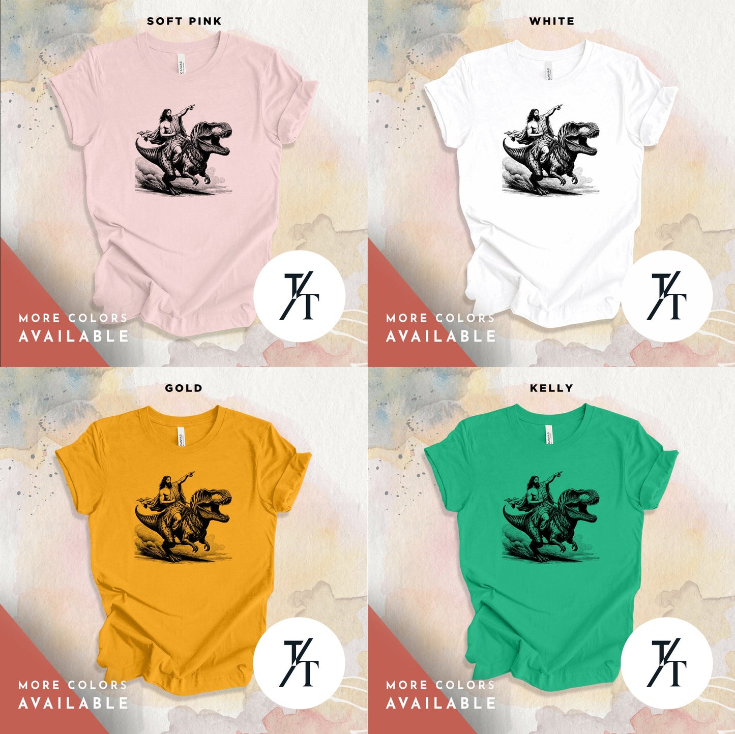 four t - shirts of different colors with a horse and rider on them