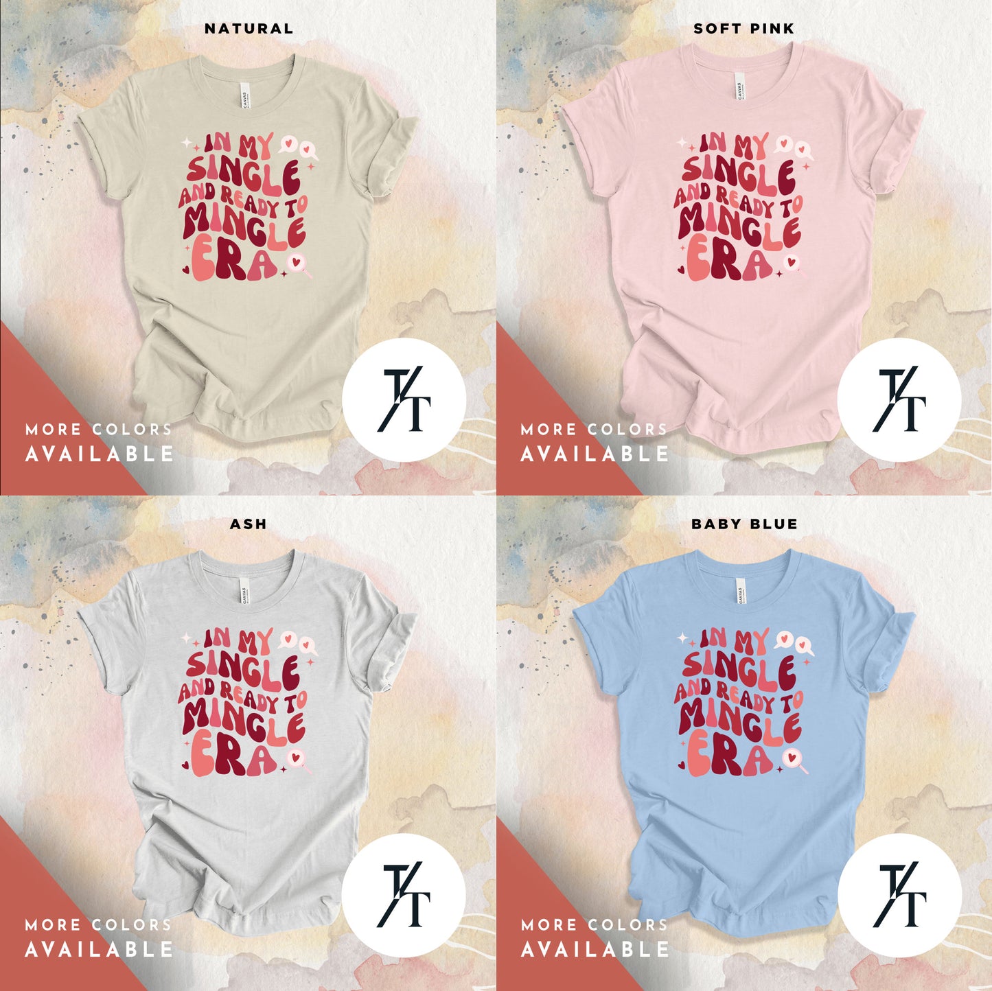 a series of four t - shirts with different font styles