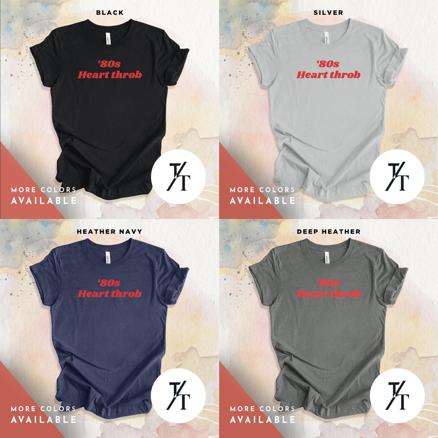 four different t - shirts with different font styles