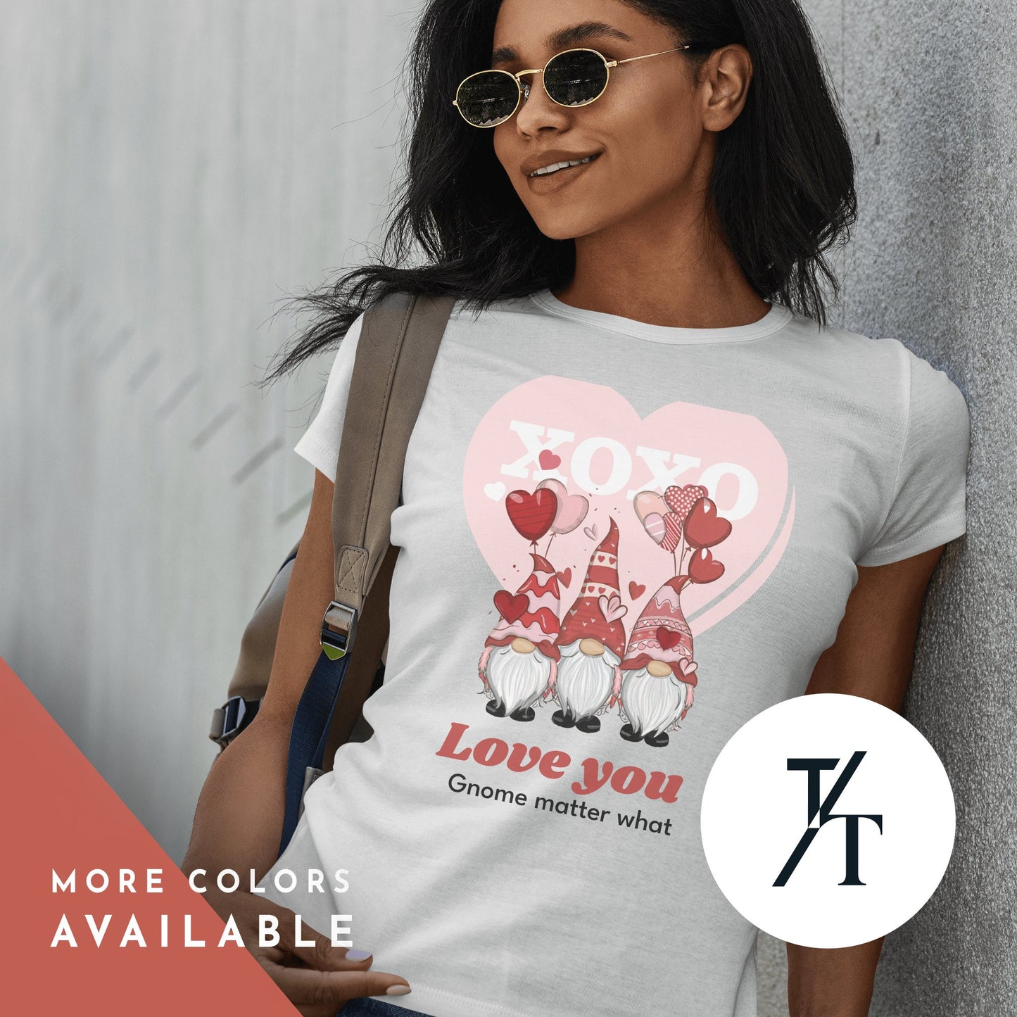 a woman wearing a shirt with group of adorable valentine''s day gnomes on iy, Love You Gnome Matter What | Valentine'S Day Gnomes Shirt | Valentine Gift | Gnome Heart Shirt | Valentines Shirt | pink gnome | Love shirt
