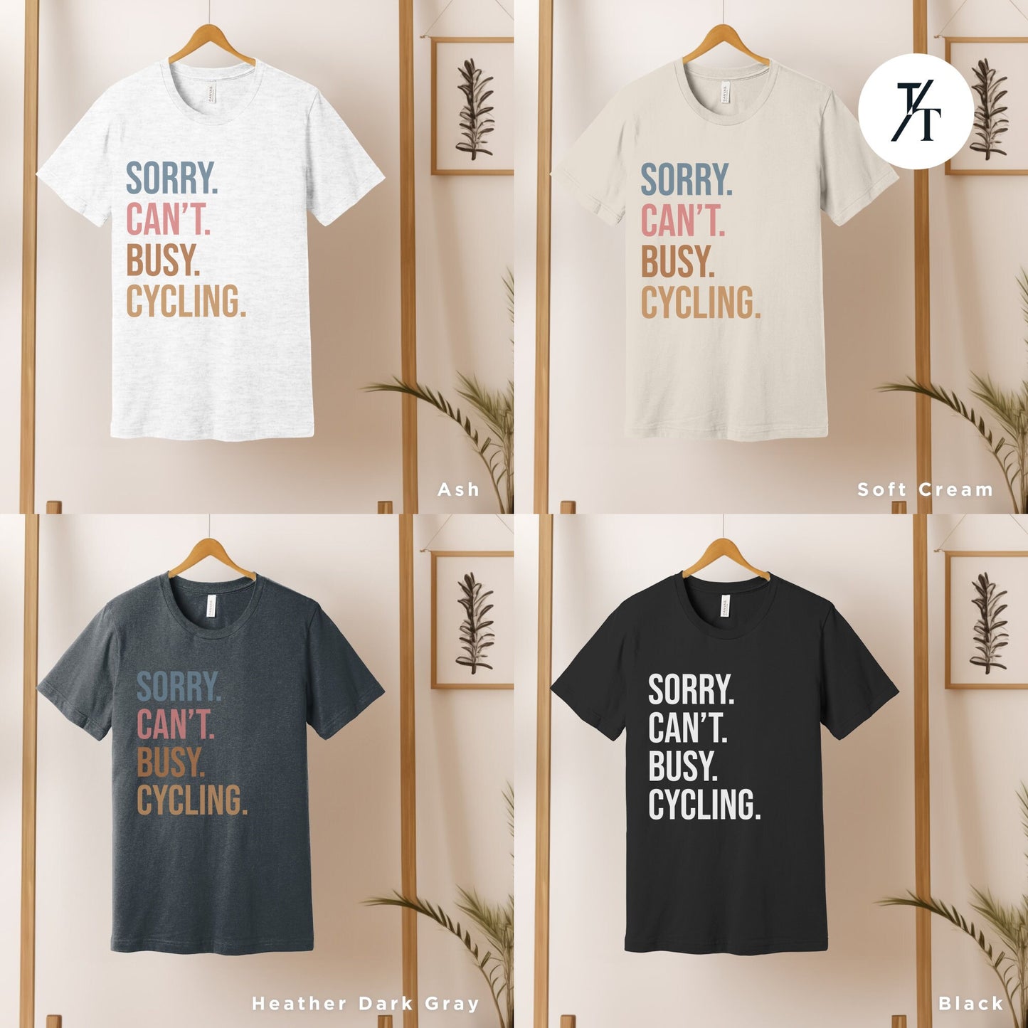 four t - shirts that say sorry can't busy cycling