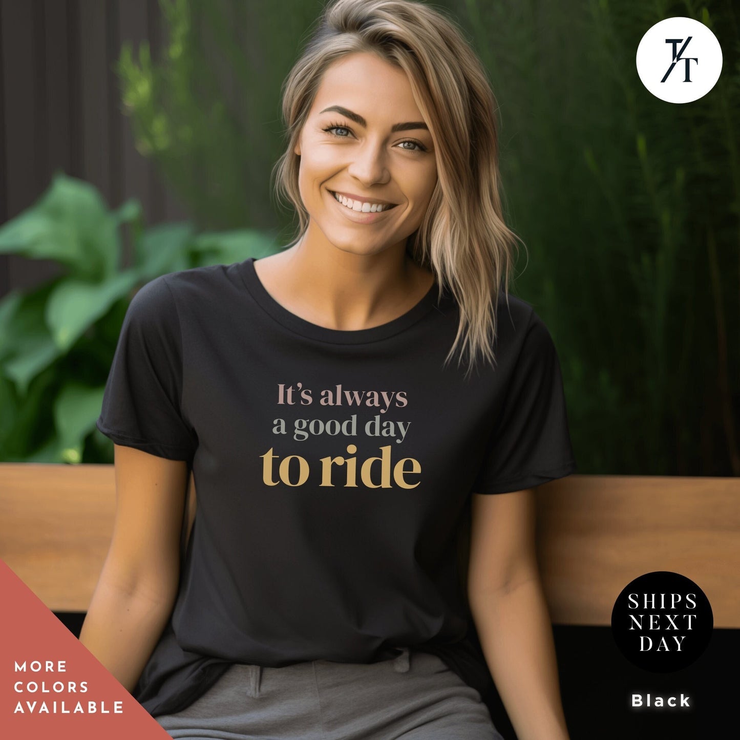 a woman wearing a t - shirt that says it's always a good day