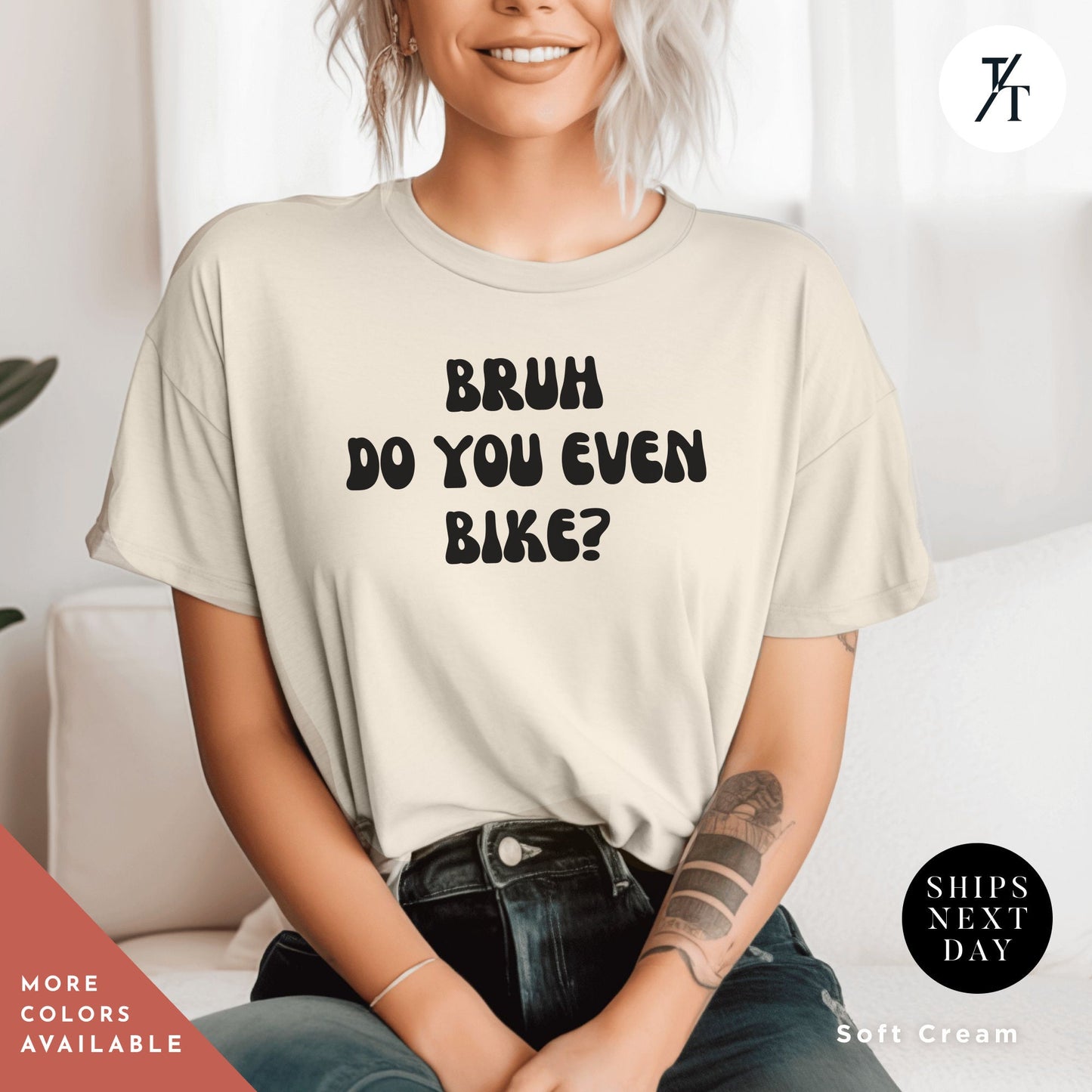 a woman wearing a t - shirt that says, bruh do you even bike