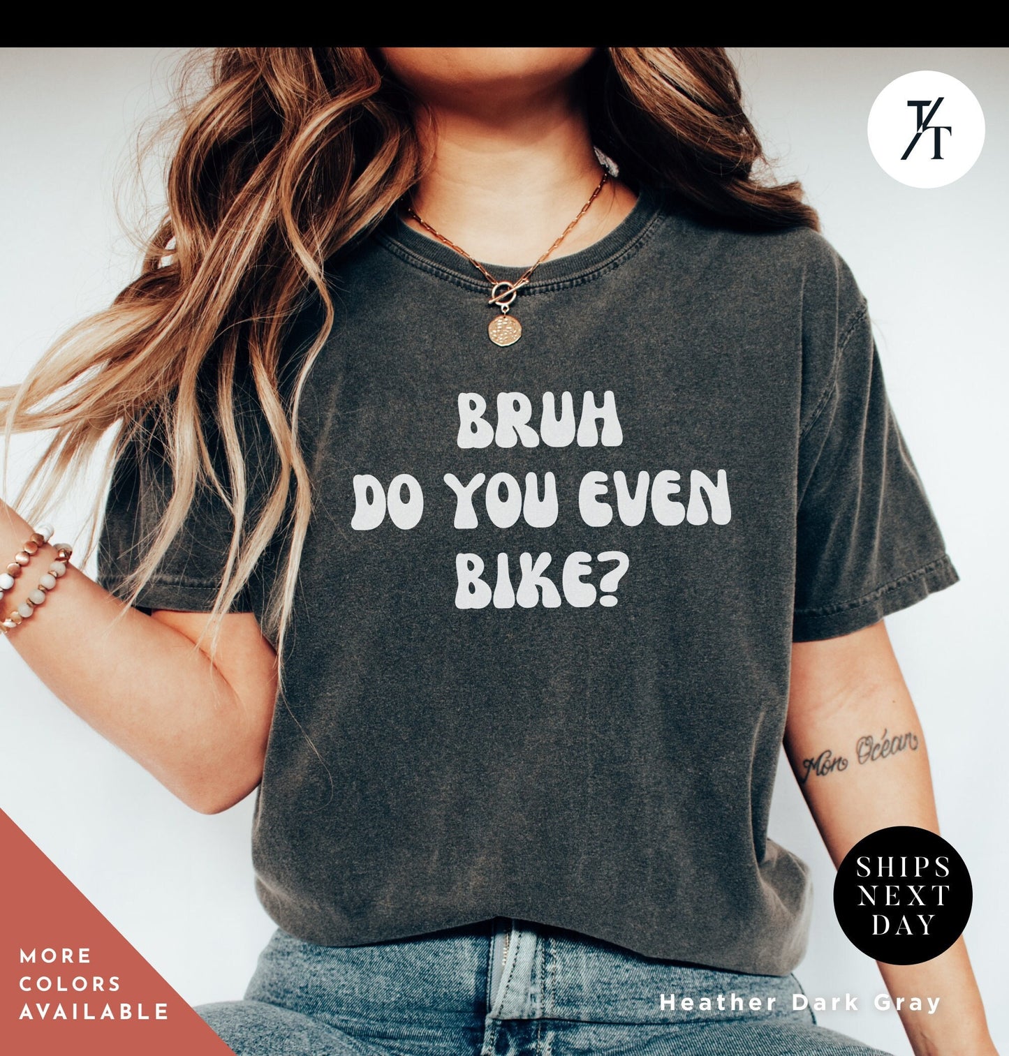 a woman wearing a t - shirt that says bruh do you even bike?
