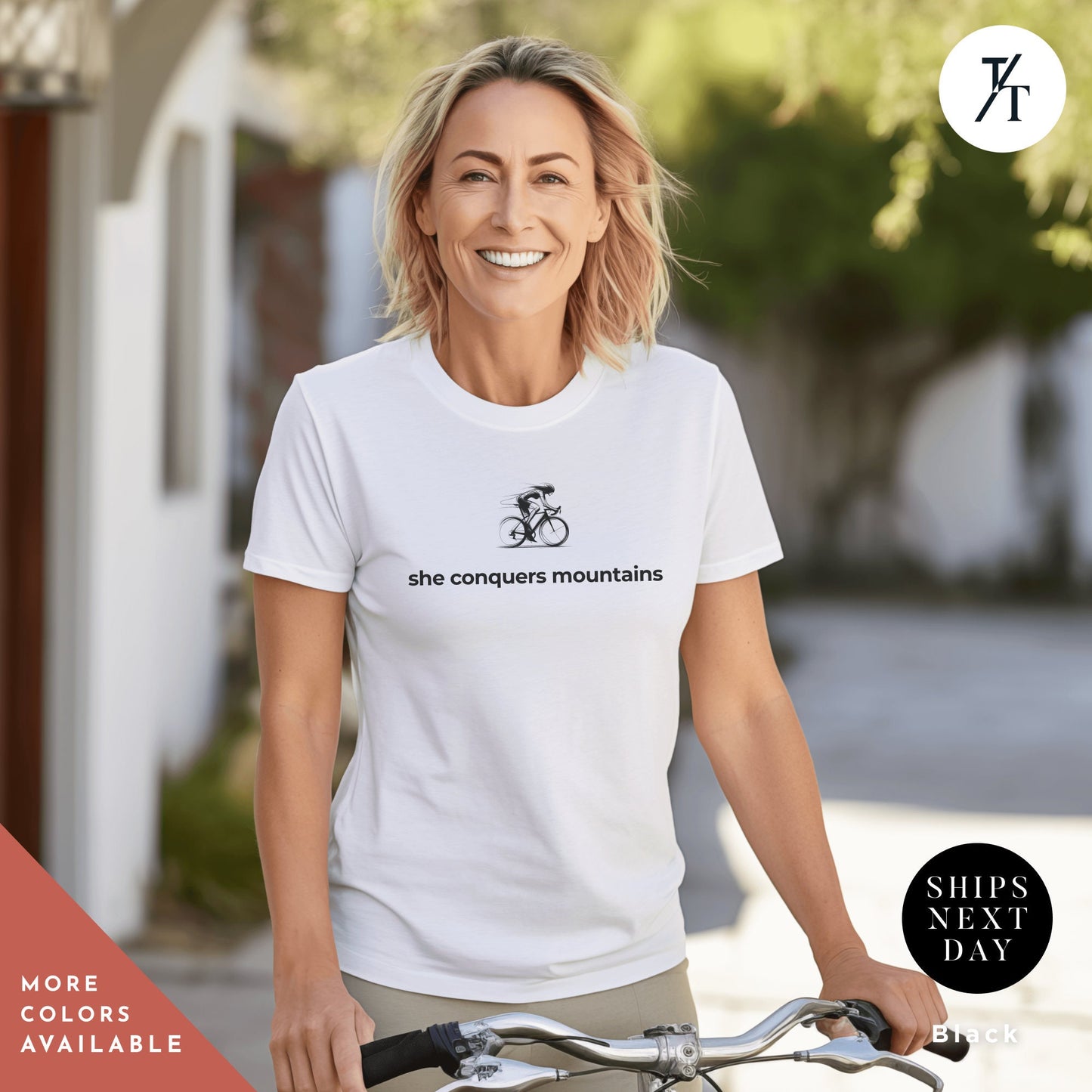 a woman riding a bike wearing a white shirt