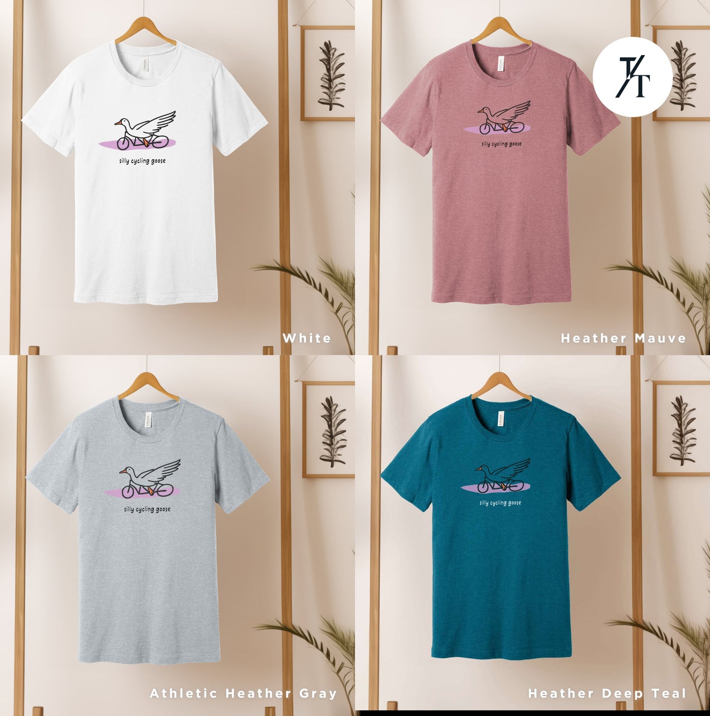 six t - shirts hanging on a wall with a plant in front of them