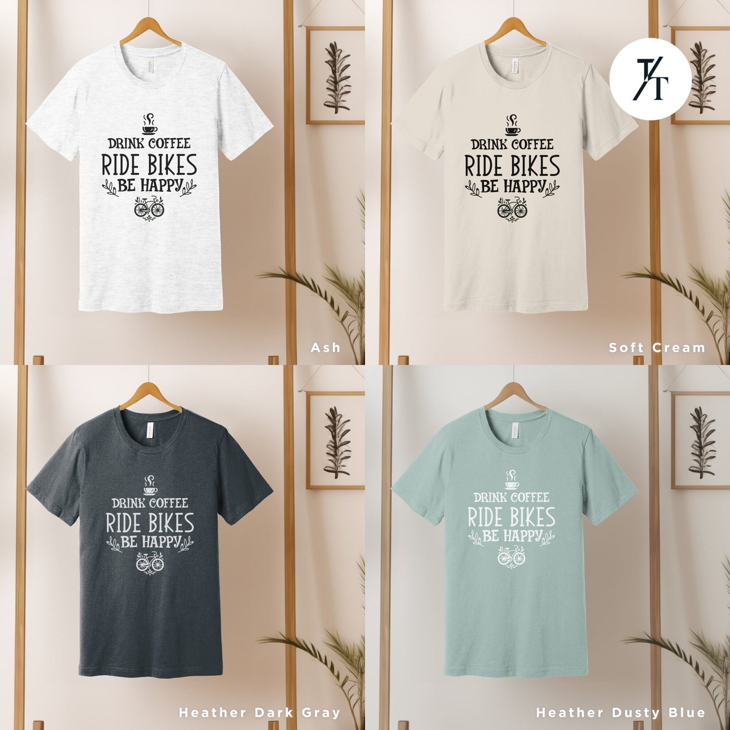four different t - shirts hanging on a wall