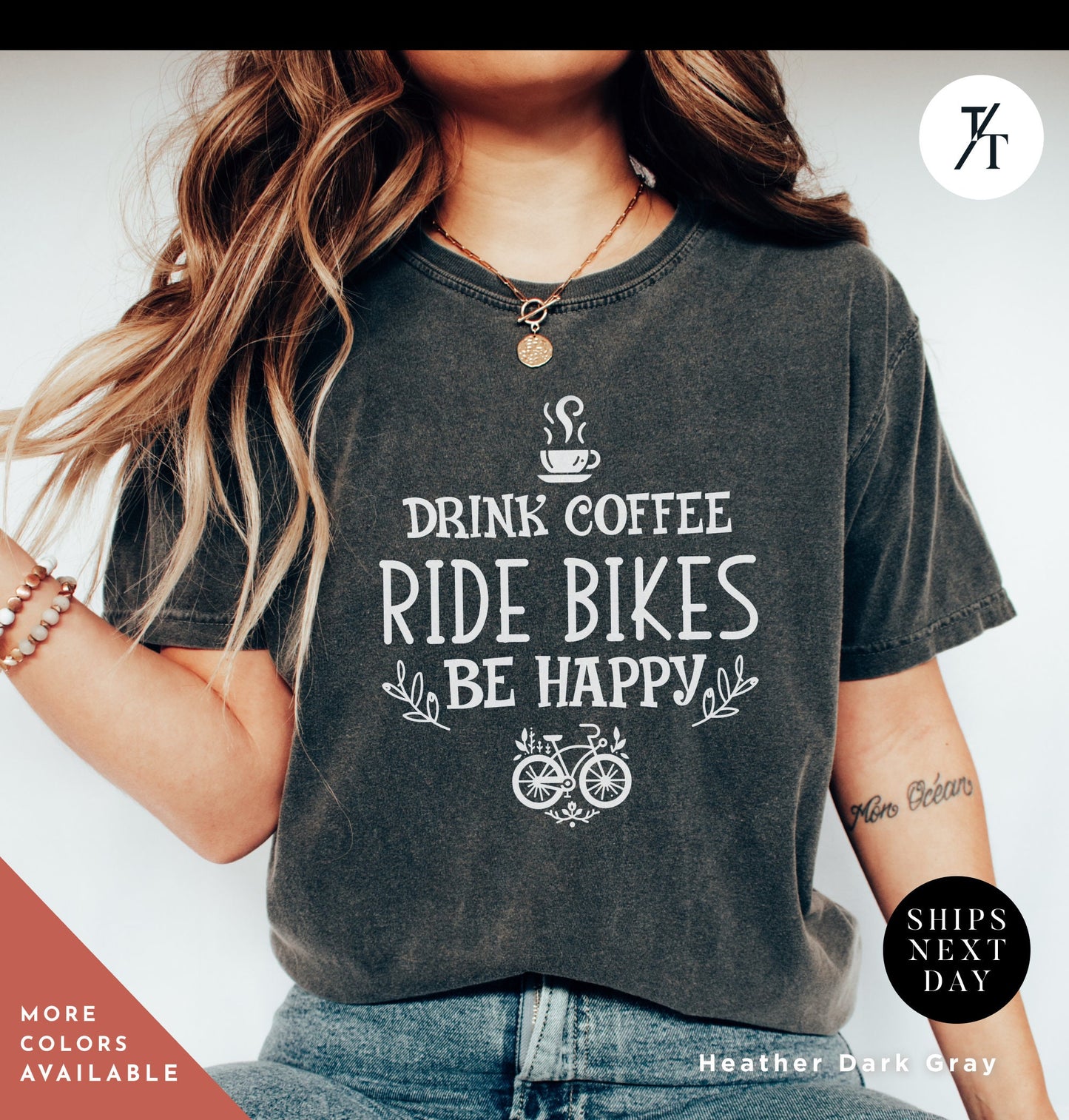 a woman wearing a shirt that says drink coffee ride bikes be happy